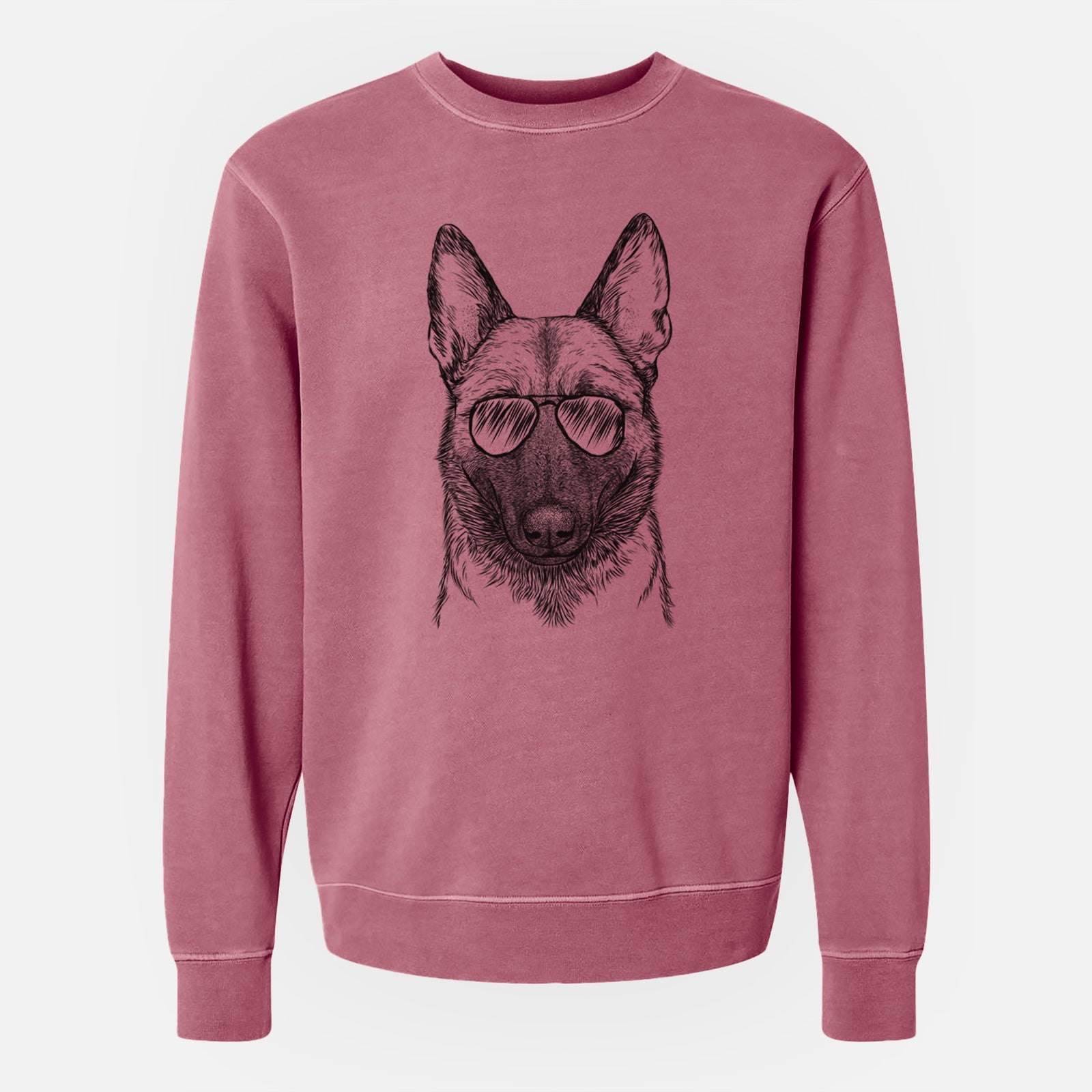 Hand-drawn sketch of Gunther the Belgian Malinois wearing aviator sunglasses on a Maroon Unisex pigment dyed crew sweatshirt