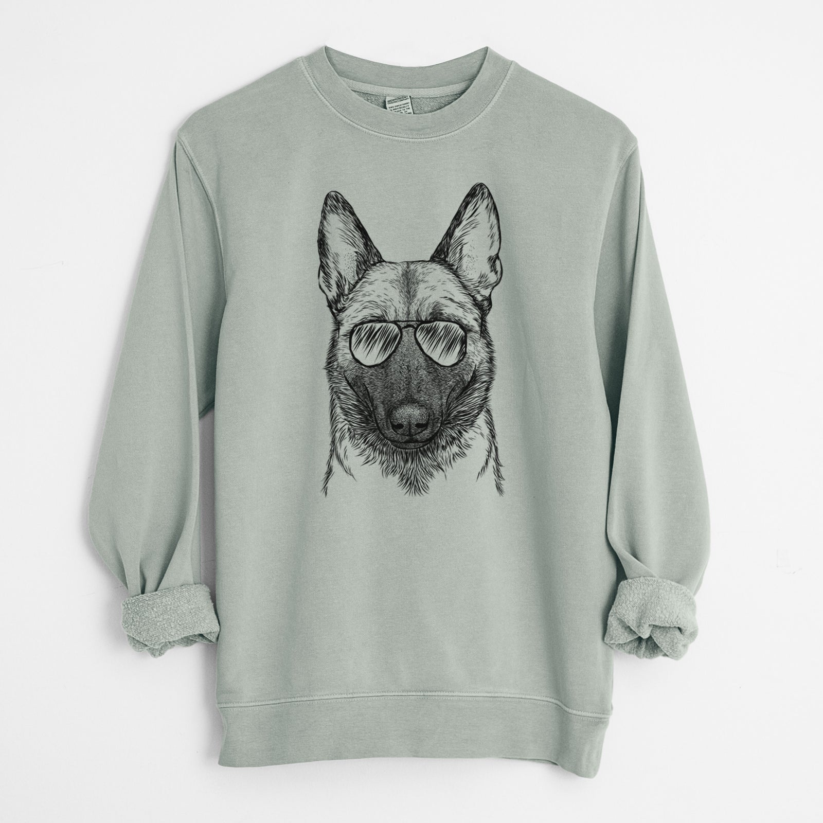 Hand-drawn sketch of Gunther the Belgian Malinois wearing aviator sunglasses on a Sage Unisex pigment dyed crew sweatshirt