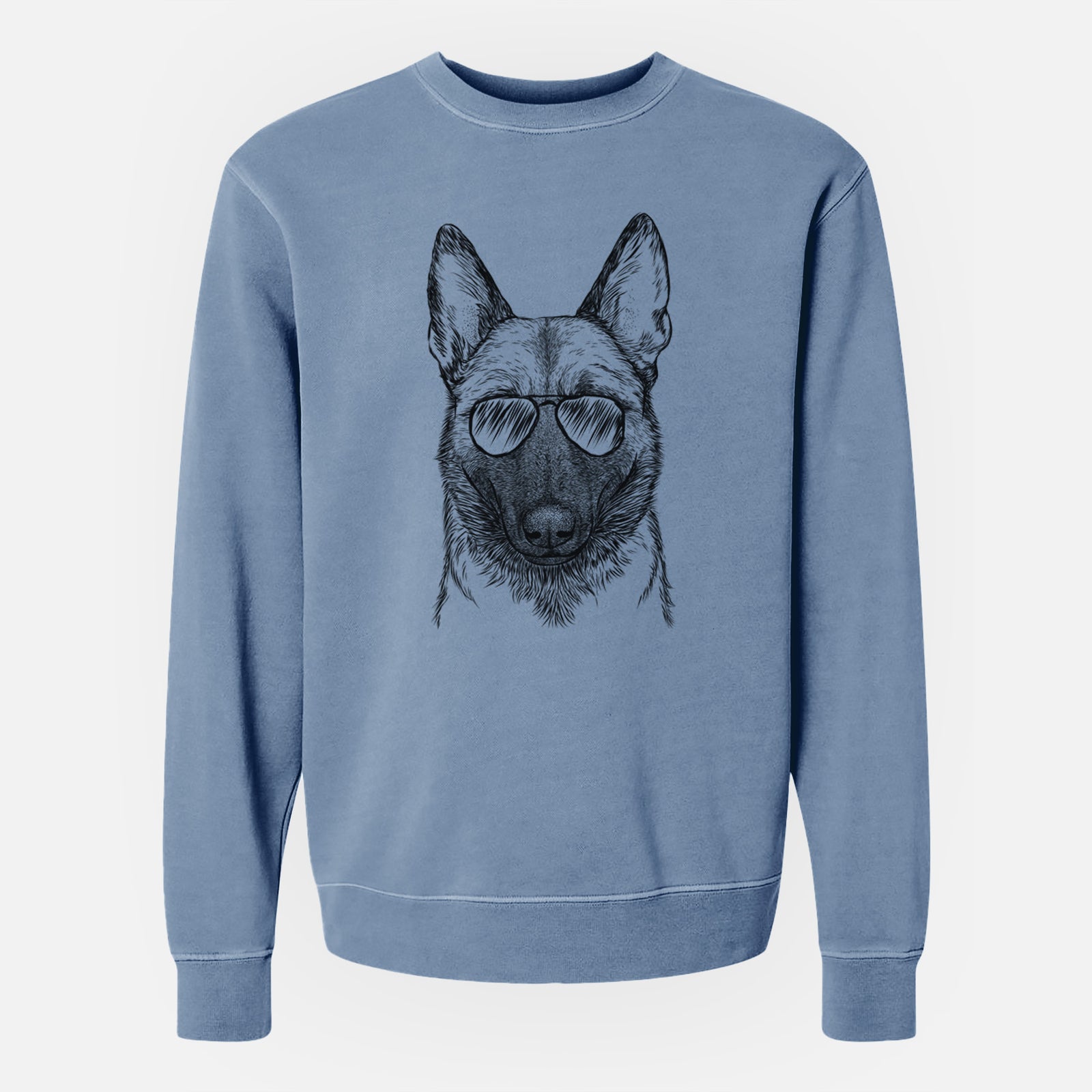 Hand-drawn sketch of Gunther the Belgian Malinois wearing aviator sunglasses on a Slate Blue Unisex pigment dyed crew sweatshirt