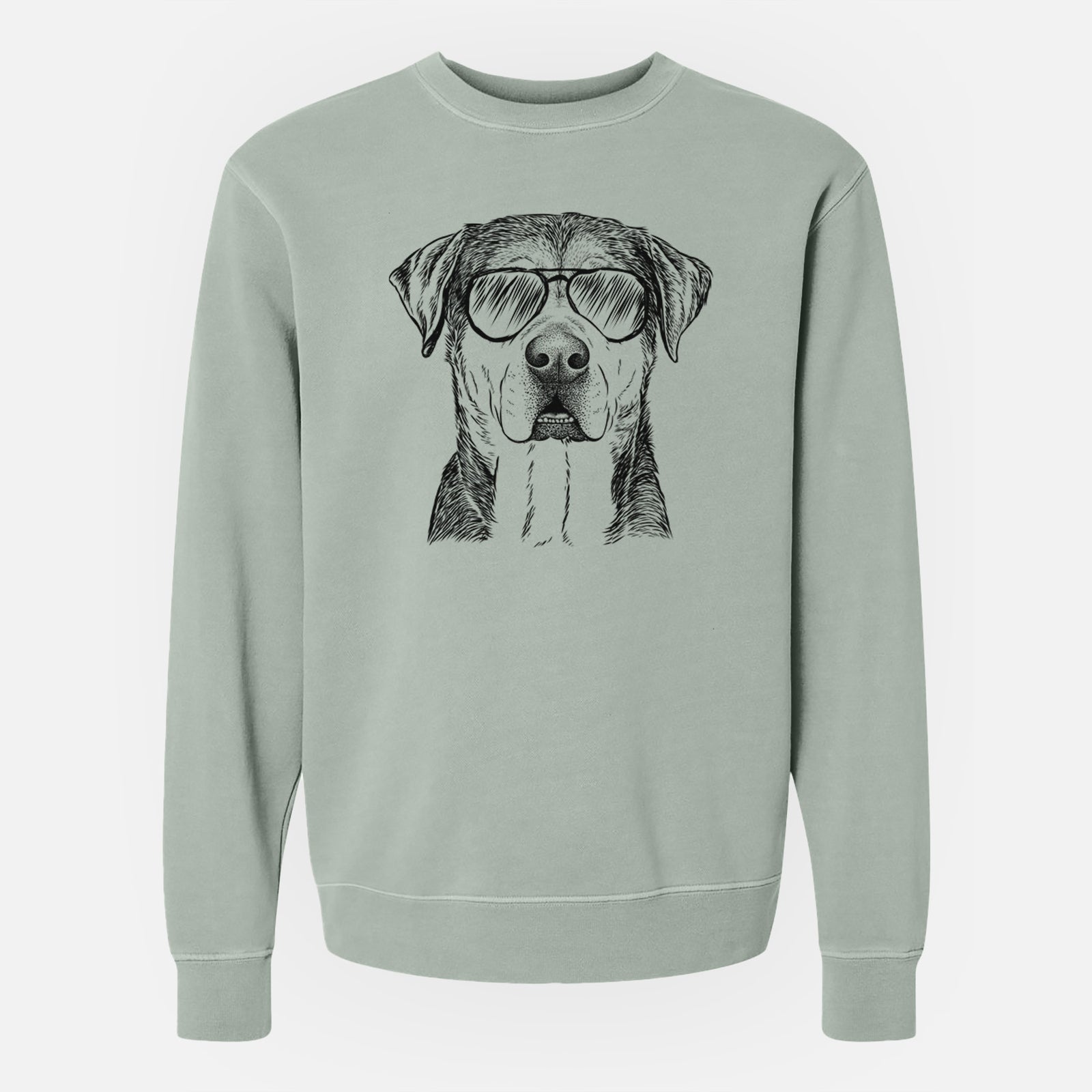 Hand-drawn sketch of Gus the Rottweiler Mix wearing aviator sunglasses on a Sage Unisex pigment dyed crew sweatshirt