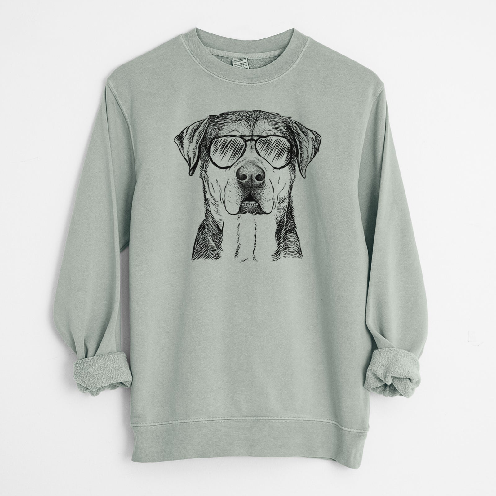 Hand-drawn sketch of Gus the Rottweiler Mix wearing aviator sunglasses on a Sage Unisex pigment dyed crew sweatshirt