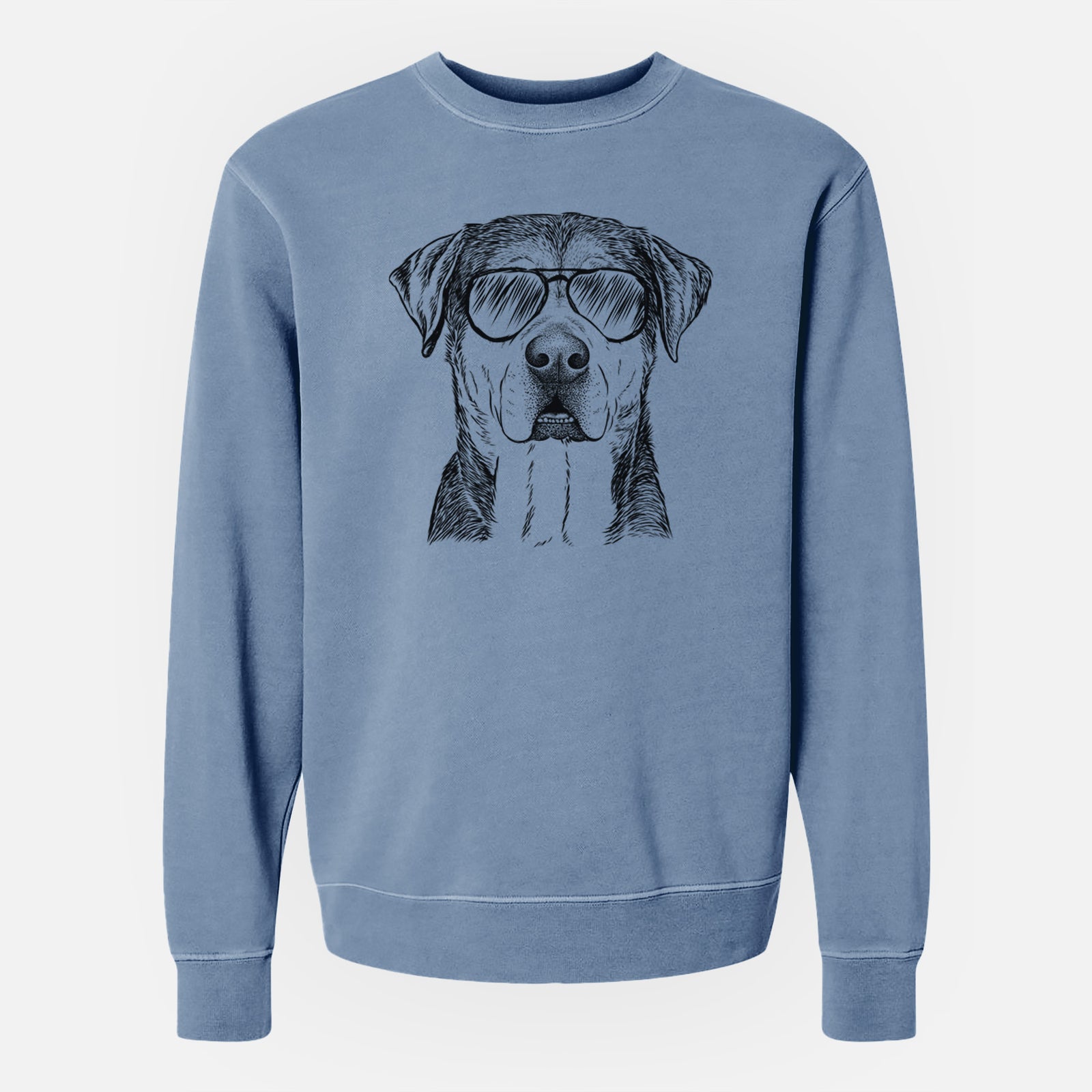 Hand-drawn sketch of Gus the Rottweiler Mix wearing aviator sunglasses on a Slate Blue Unisex pigment dyed crew sweatshirt