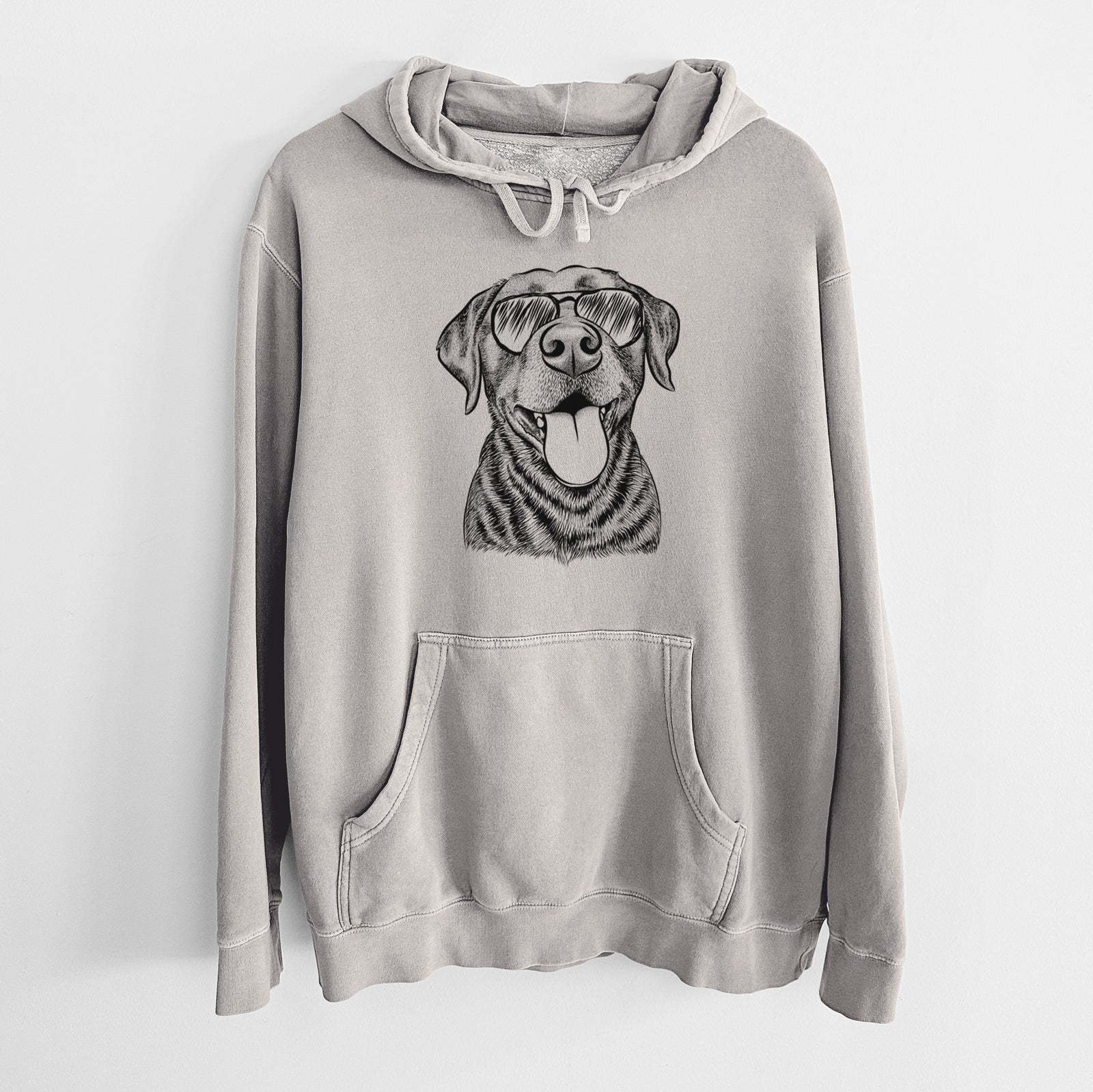 Hand-drawn sketch of Gwen the Labrador Retriever wearing aviator sunglasses on a Cement Unisex pigment dyed hoodie