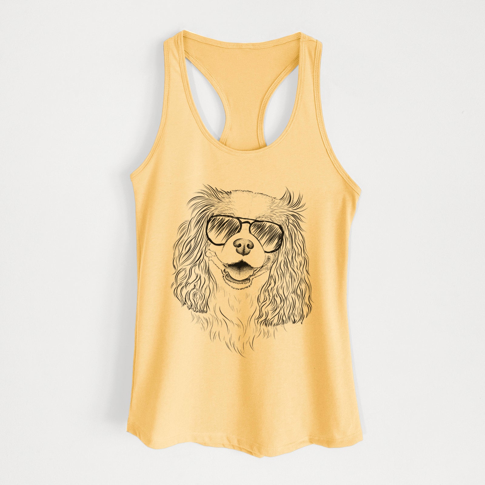 Hand-drawn sketch of Halley Comet the Cavalier King Charles Spaniel wearing aviator sunglasses on a Banana Cream Women's racerback tanktop