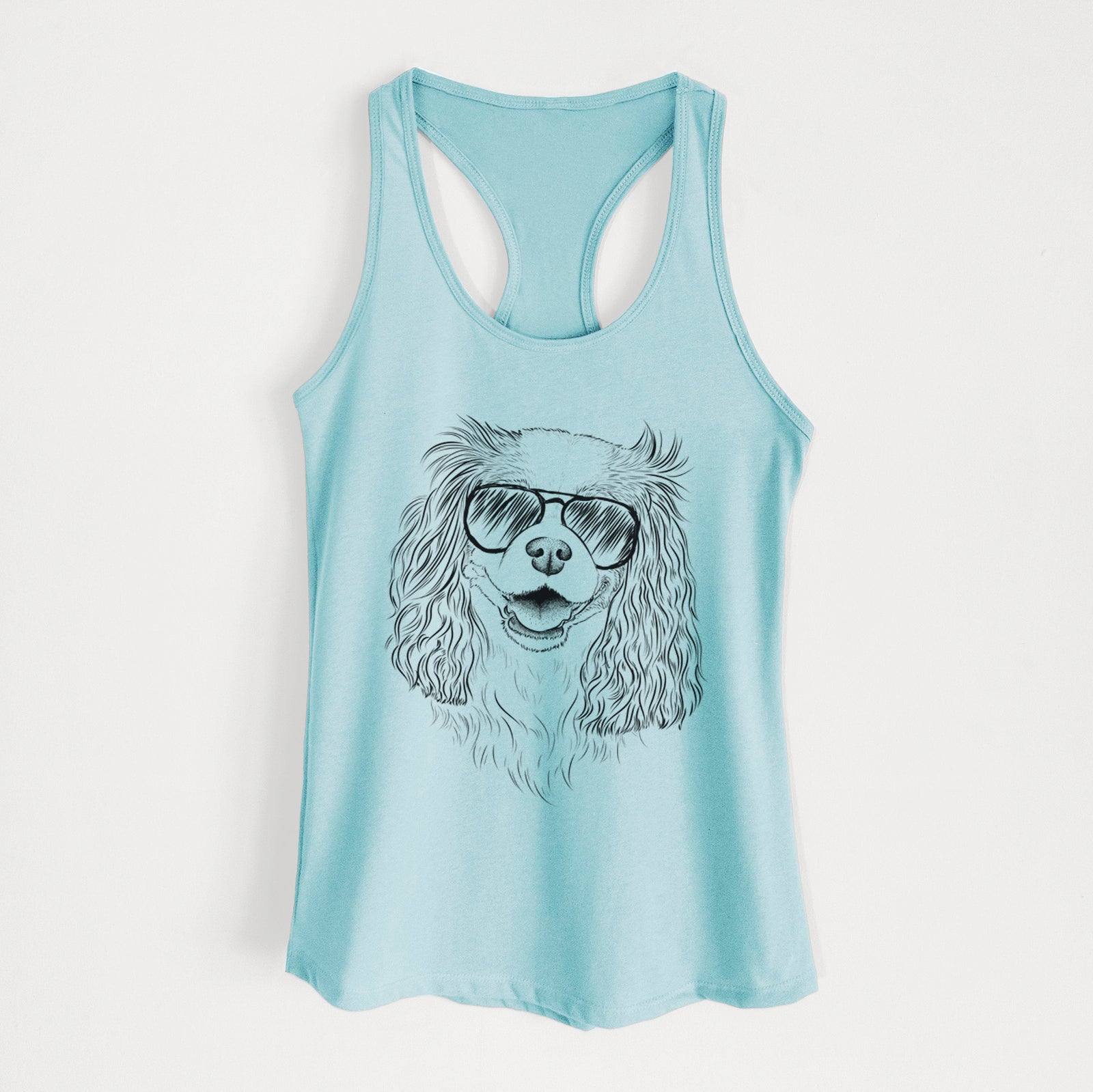 Hand-drawn sketch of Halley Comet the Cavalier King Charles Spaniel wearing aviator sunglasses on a Cancun Blue Women's racerback tanktop