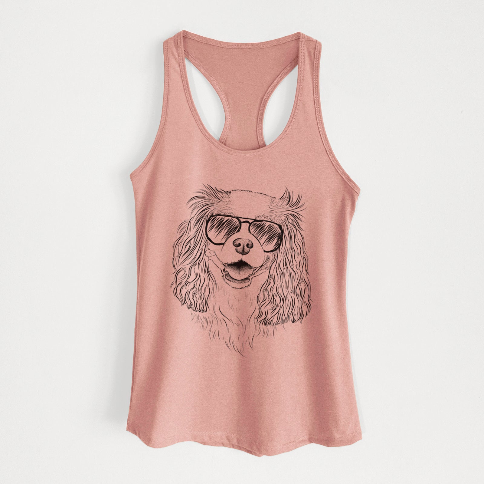 Hand-drawn sketch of Halley Comet the Cavalier King Charles Spaniel wearing aviator sunglasses on a Desert Pink Women's racerback tanktop