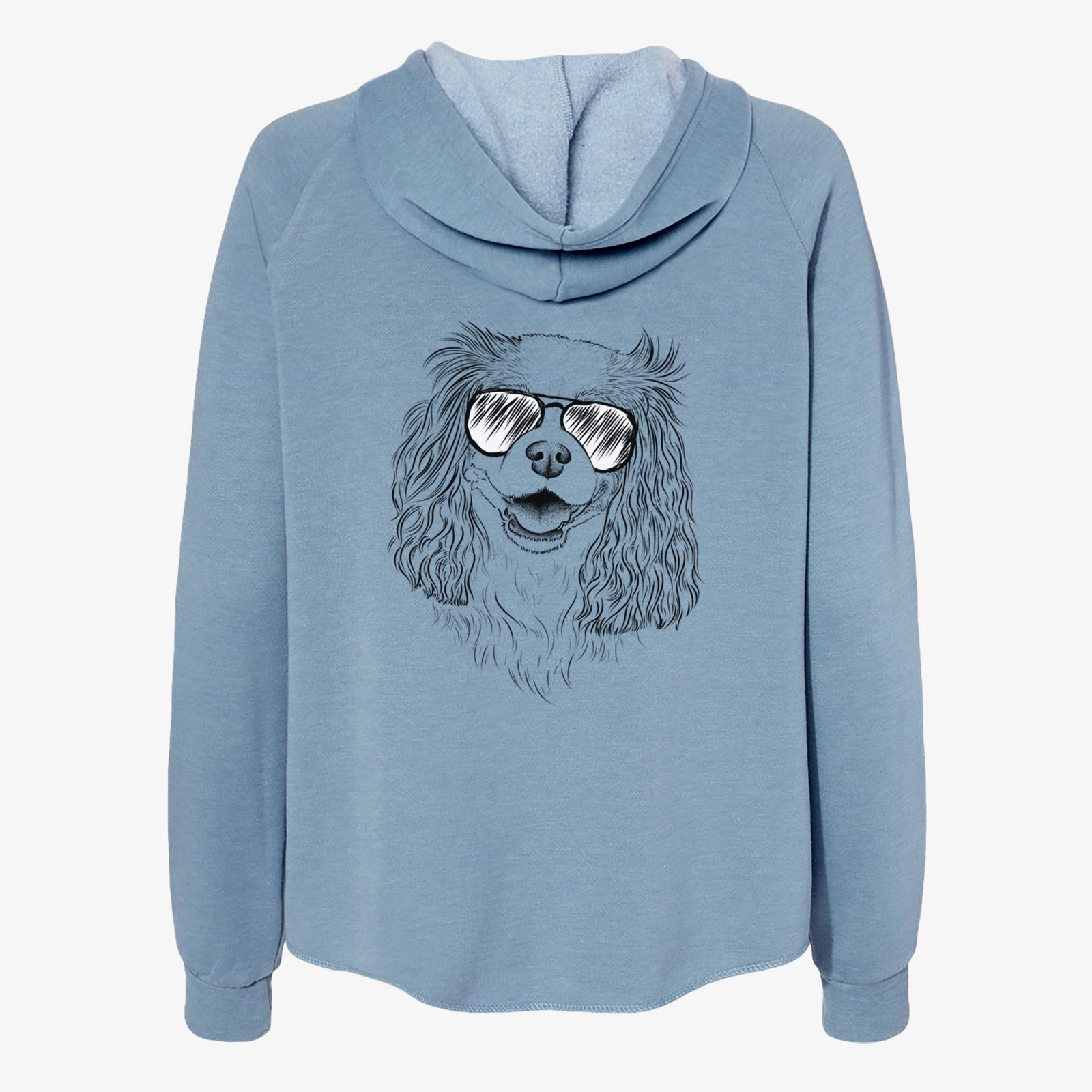 Hand-drawn sketch of Halley Comet the Cavalier King Charles Spaniel wearing aviator sunglasses on a Misty Blue Women's cali wave zip-up sweatshirt