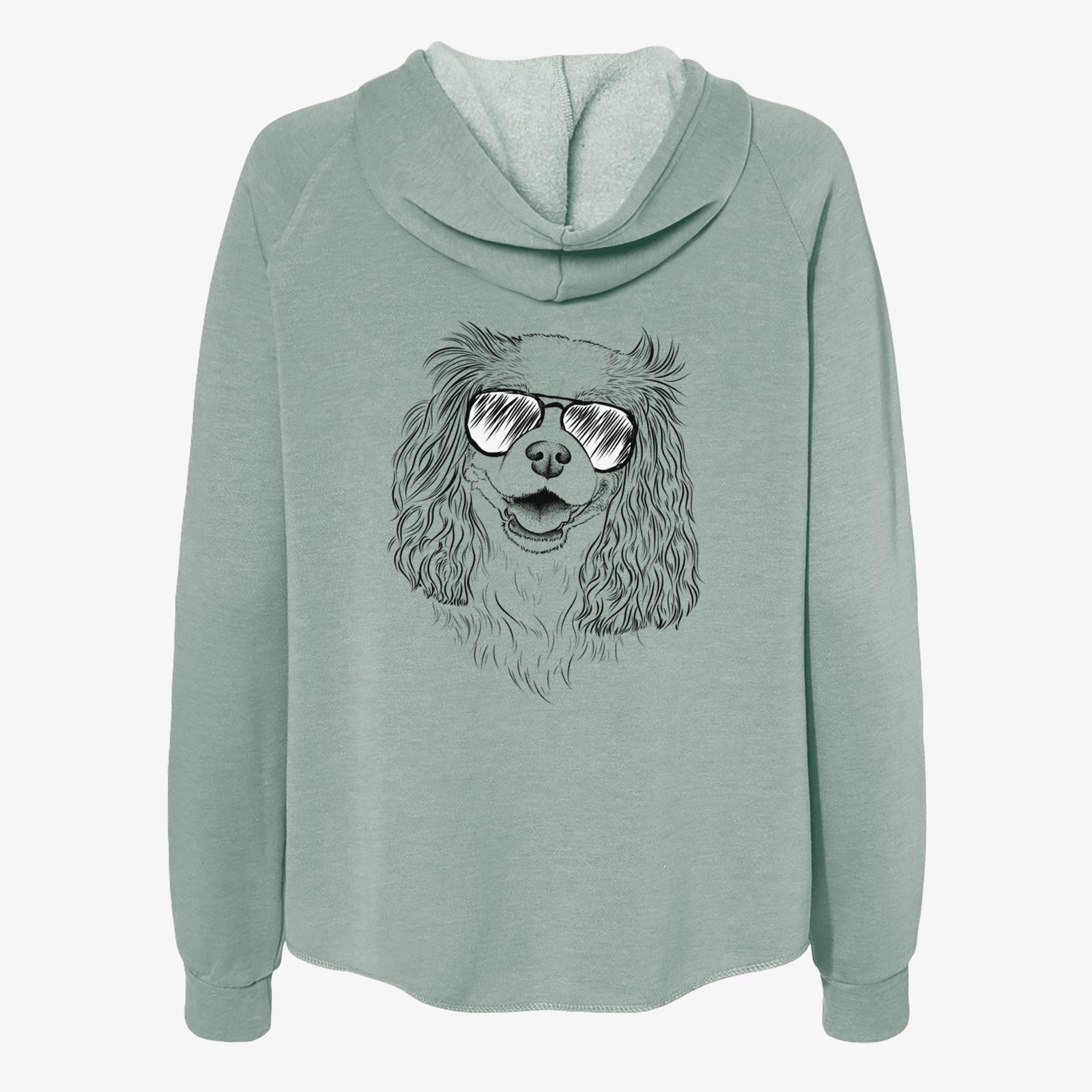 Hand-drawn sketch of Halley Comet the Cavalier King Charles Spaniel wearing aviator sunglasses on a Sage Women's cali wave zip-up sweatshirt