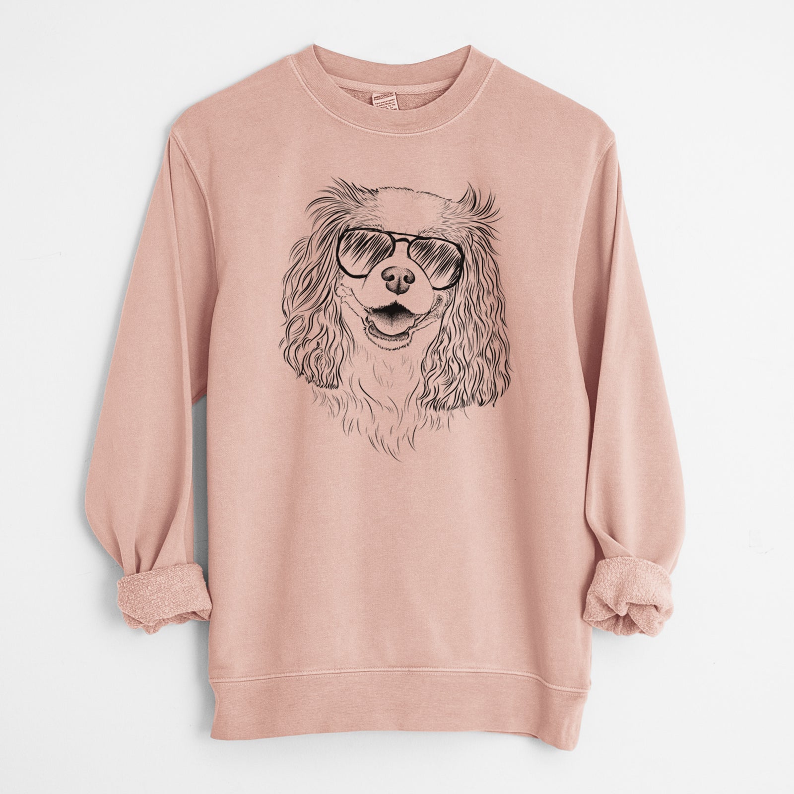 Hand-drawn sketch of Halley Comet the Cavalier King Charles Spaniel wearing aviator sunglasses on a Dusty Pink Unisex pigment dyed crew sweatshirt