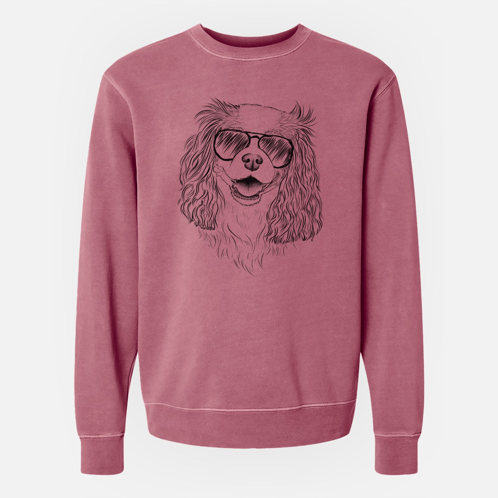 Hand-drawn sketch of Halley Comet the Cavalier King Charles Spaniel wearing aviator sunglasses on a Maroon Unisex pigment dyed crew sweatshirt