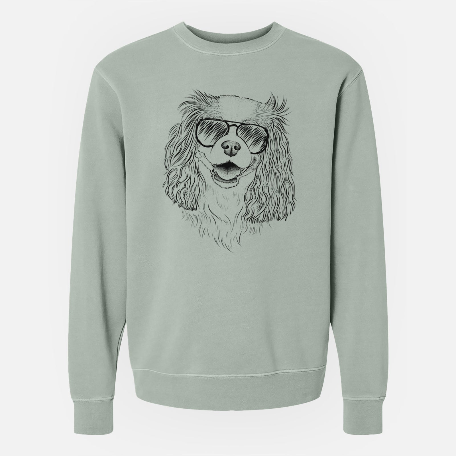 Hand-drawn sketch of Halley Comet the Cavalier King Charles Spaniel wearing aviator sunglasses on a Sage Unisex pigment dyed crew sweatshirt
