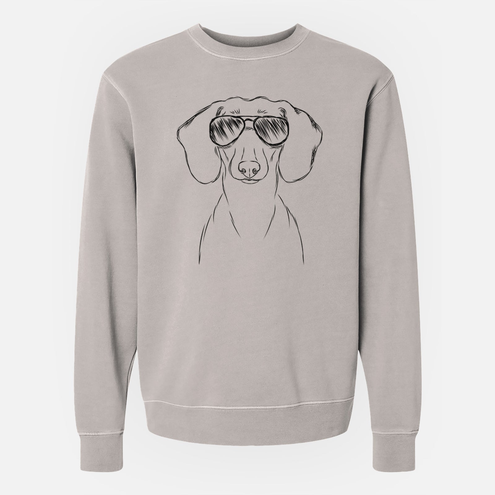 Hand-drawn sketch of Hans the Dachshund wearing aviator sunglasses on a Cement Unisex pigment dyed crew sweatshirt