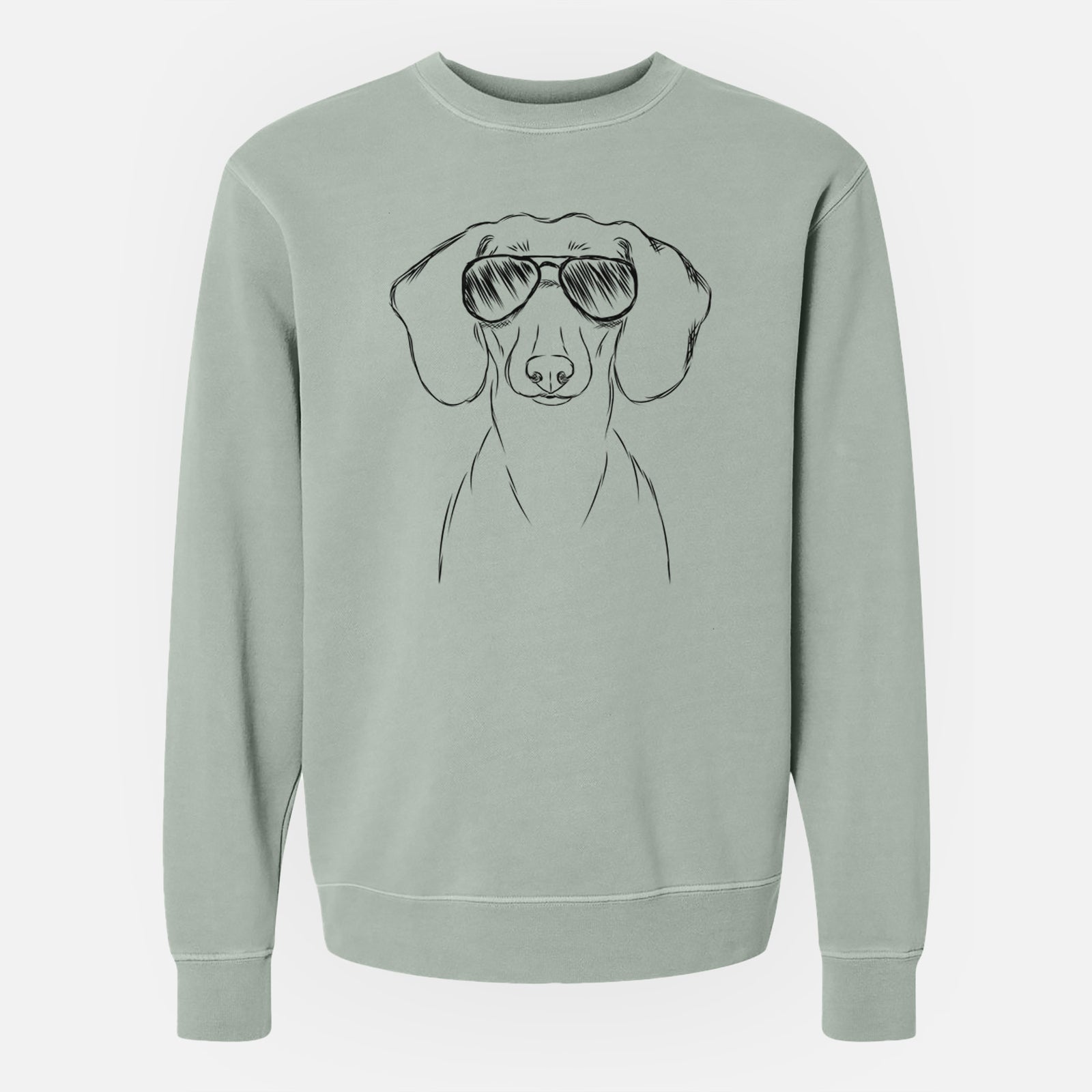 Hand-drawn sketch of Hans the Dachshund wearing aviator sunglasses on a Sage Unisex pigment dyed crew sweatshirt