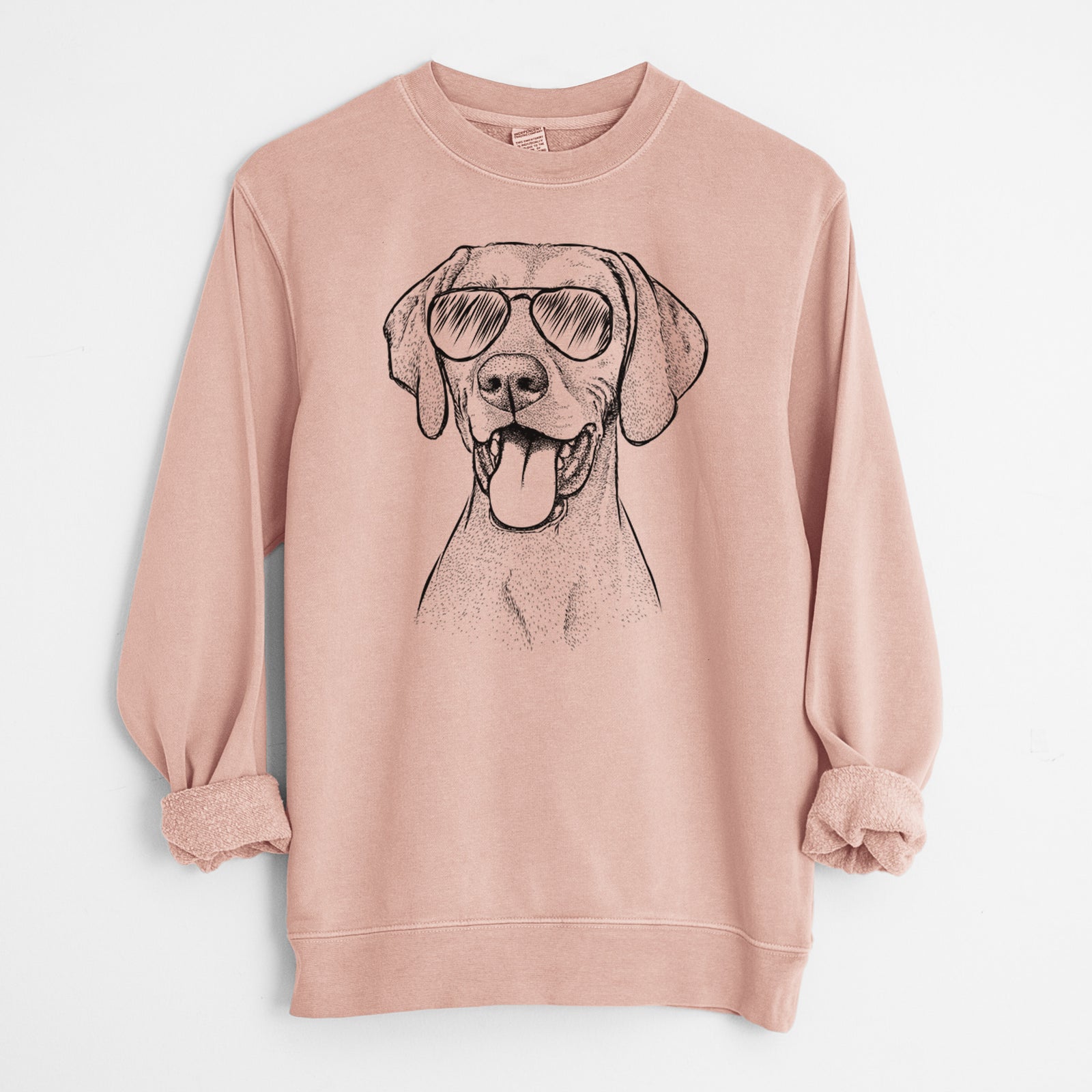Hand-drawn sketch of Harper the Vizsla wearing aviator sunglasses on a Dusty Pink Unisex pigment dyed crew sweatshirt