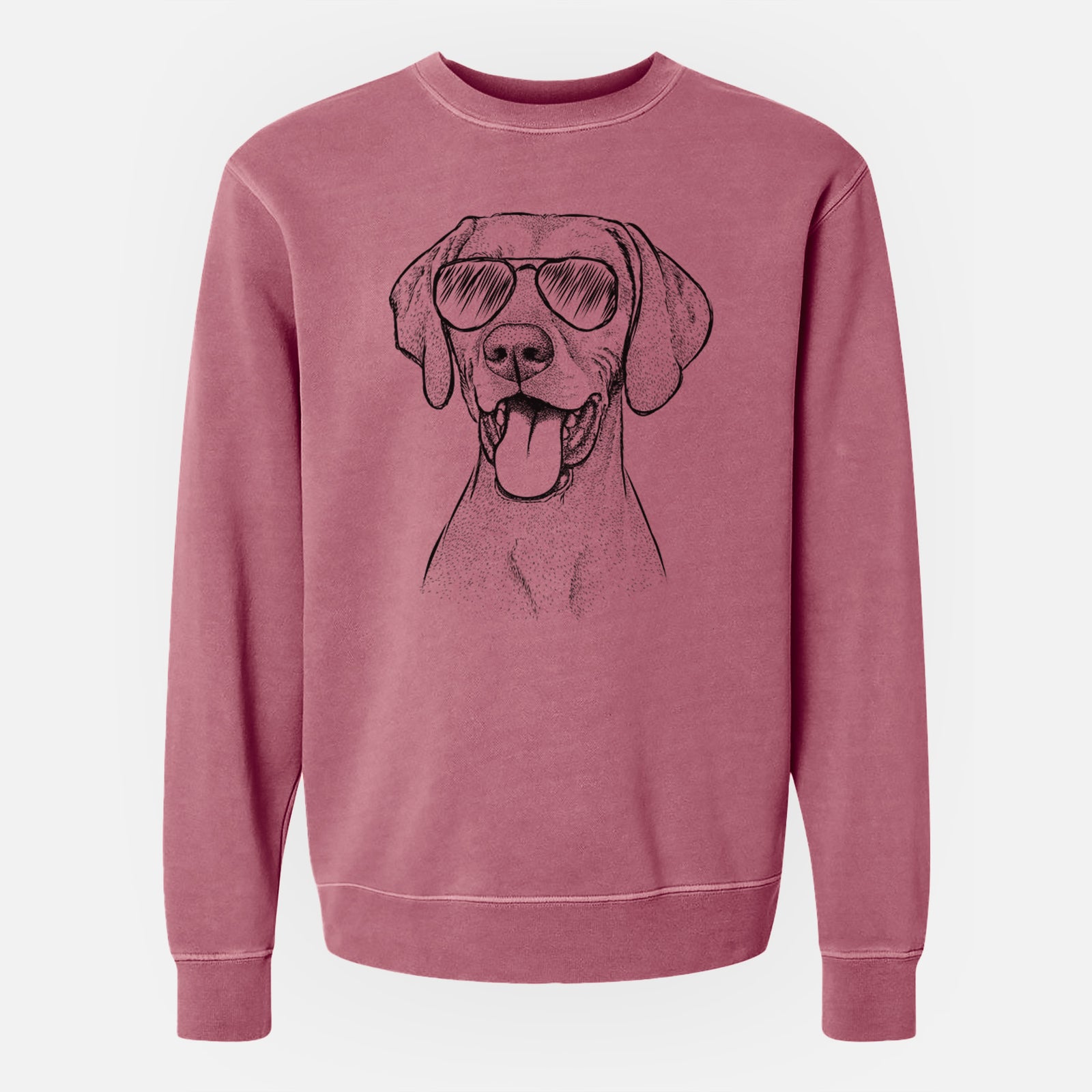 Hand-drawn sketch of Harper the Vizsla wearing aviator sunglasses on a Maroon Unisex pigment dyed crew sweatshirt