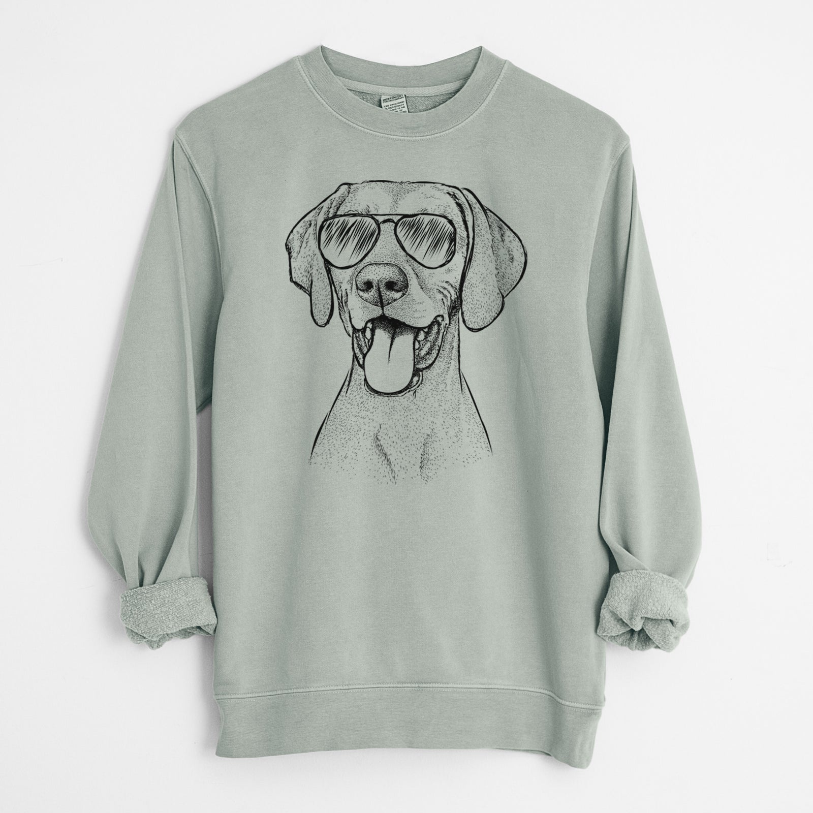 Hand-drawn sketch of Harper the Vizsla wearing aviator sunglasses on a Sage Unisex pigment dyed crew sweatshirt