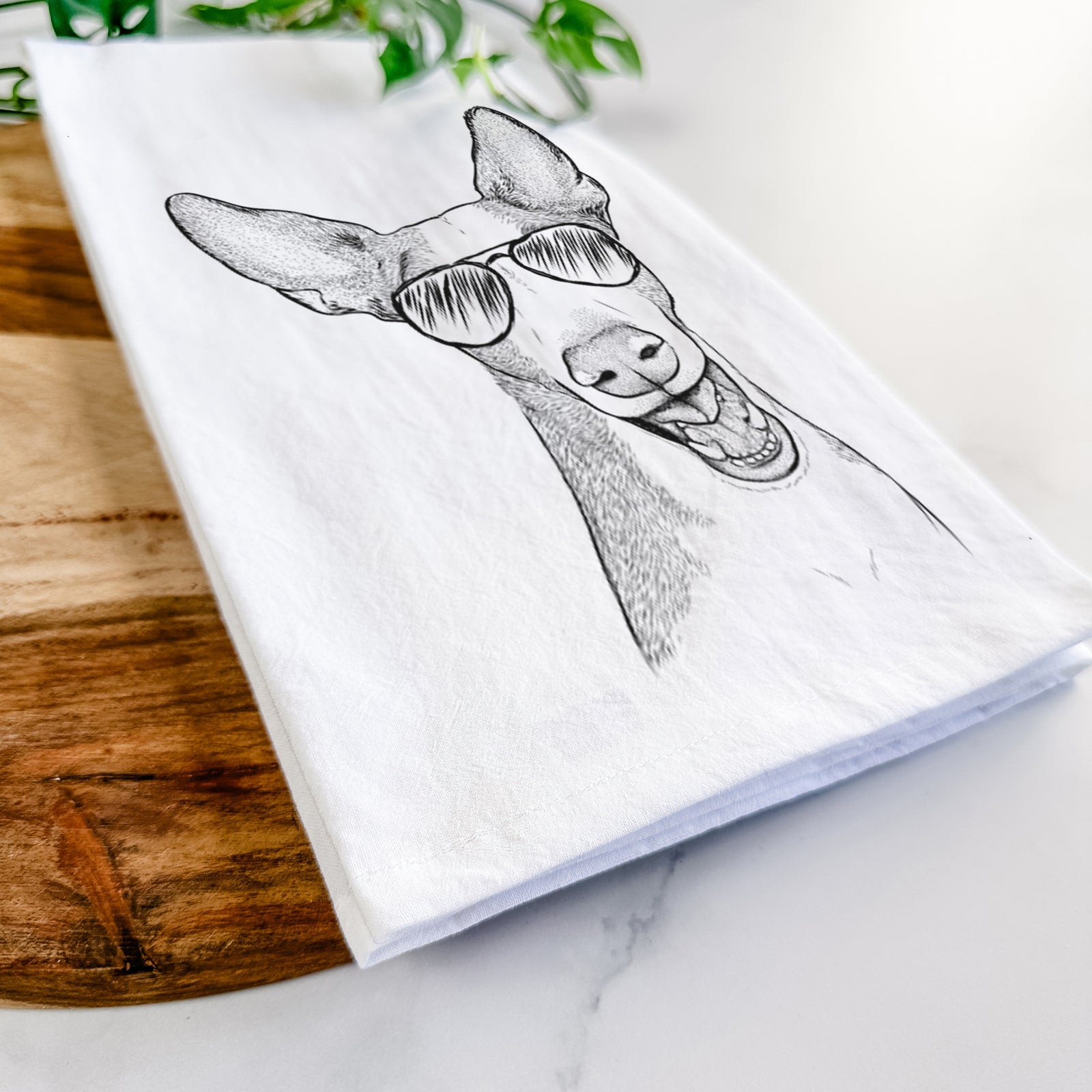 Hand-drawn sketch of Havok the Ibizan Hound wearing aviator sunglasses on a tea towel