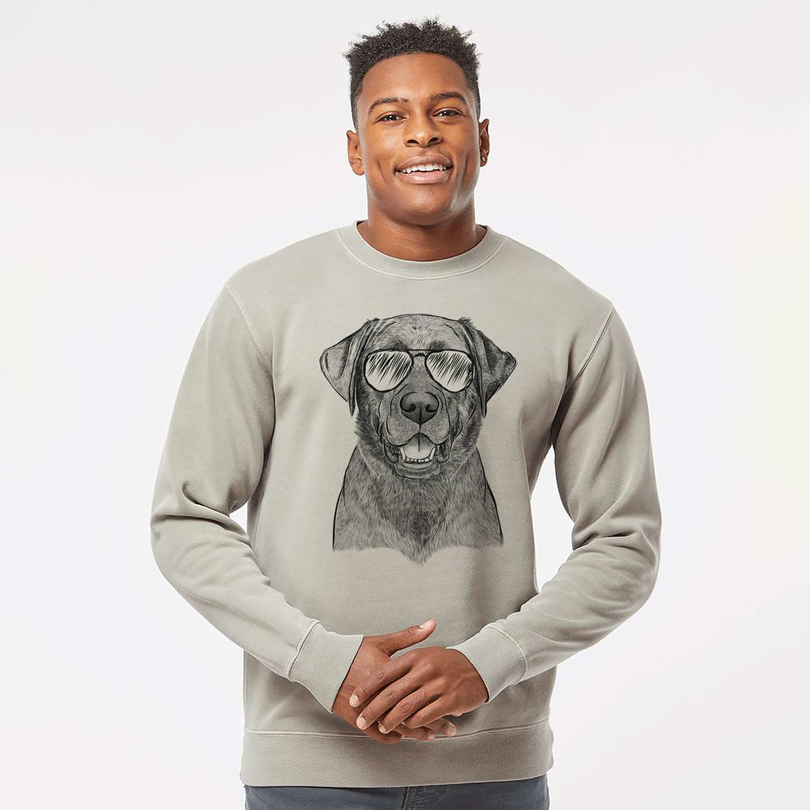 Hand-drawn sketch of Heath the Black Lab wearing aviator sunglasses on a Cement Unisex pigment dyed crew sweatshirt