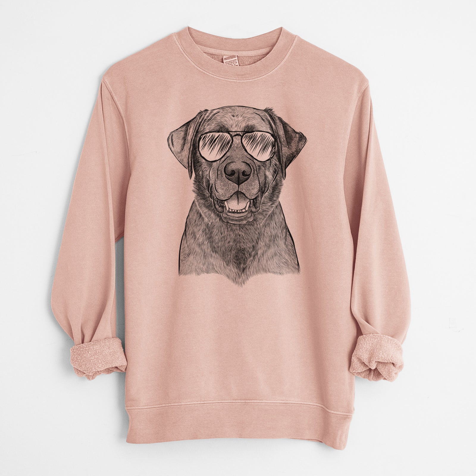 Hand-drawn sketch of Heath the Black Lab wearing aviator sunglasses on a Dusty Pink Unisex pigment dyed crew sweatshirt