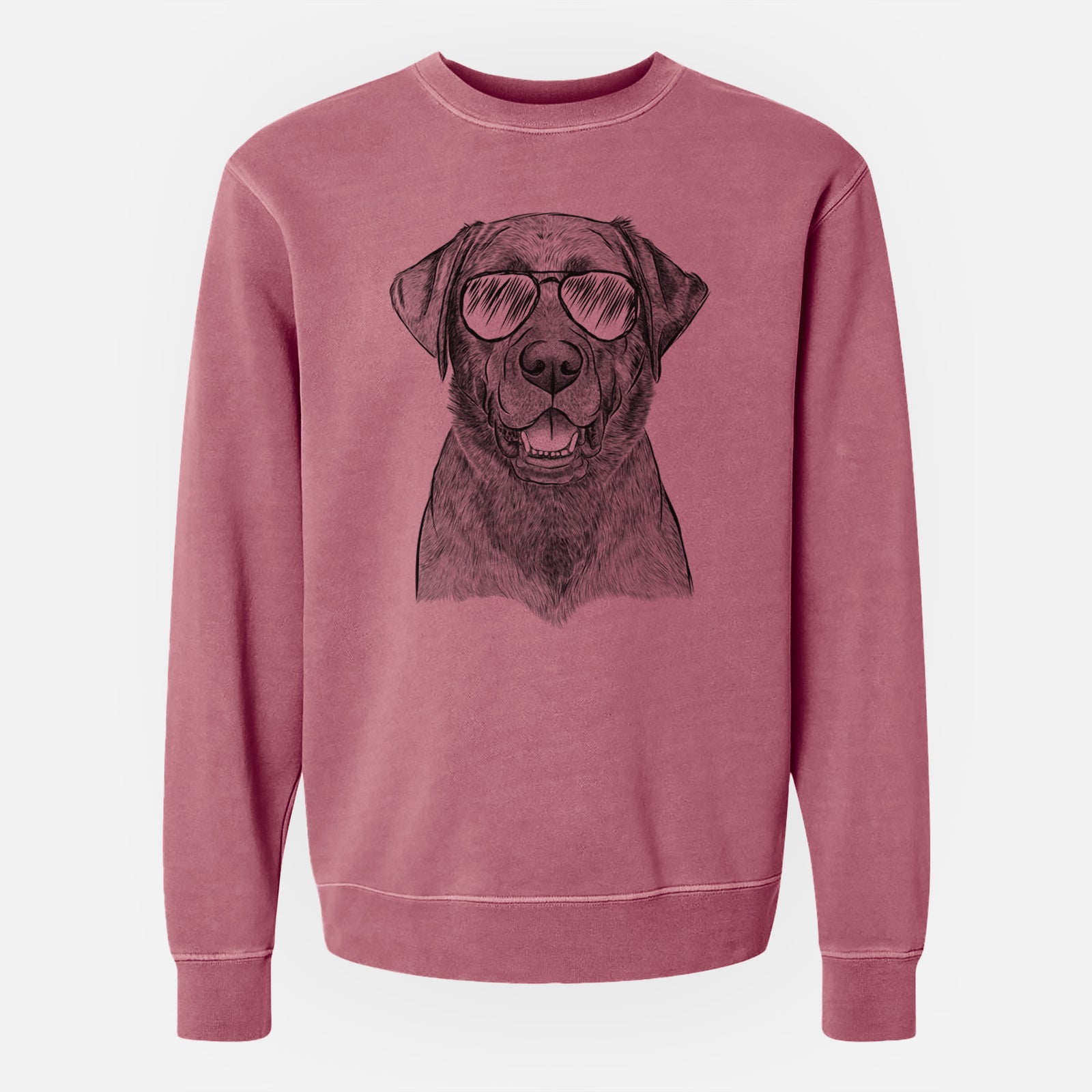 Hand-drawn sketch of Heath the Black Lab wearing aviator sunglasses on a Maroon Unisex pigment dyed crew sweatshirt