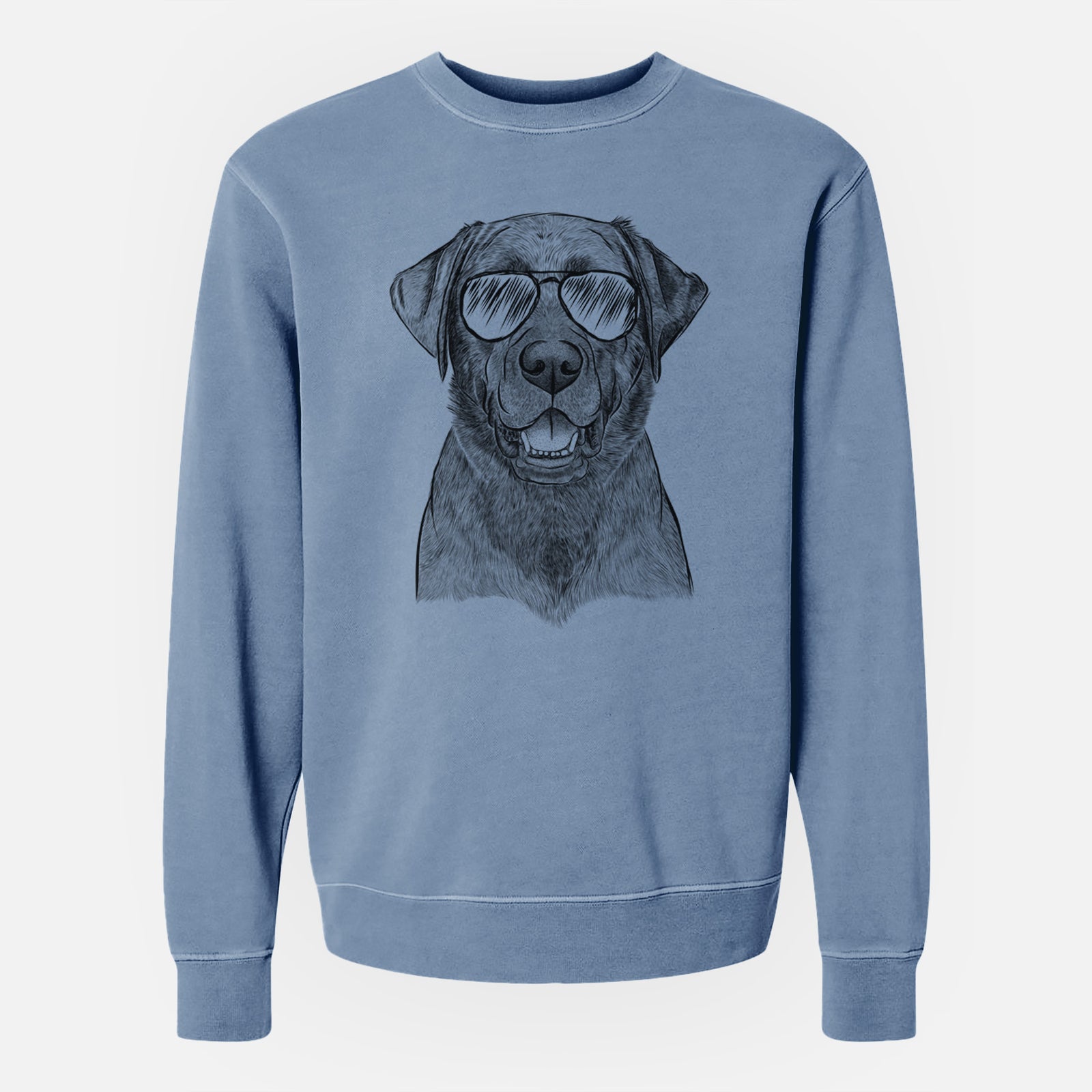 Hand-drawn sketch of Heath the Black Lab wearing aviator sunglasses on a Slate Blue Unisex pigment dyed crew sweatshirt