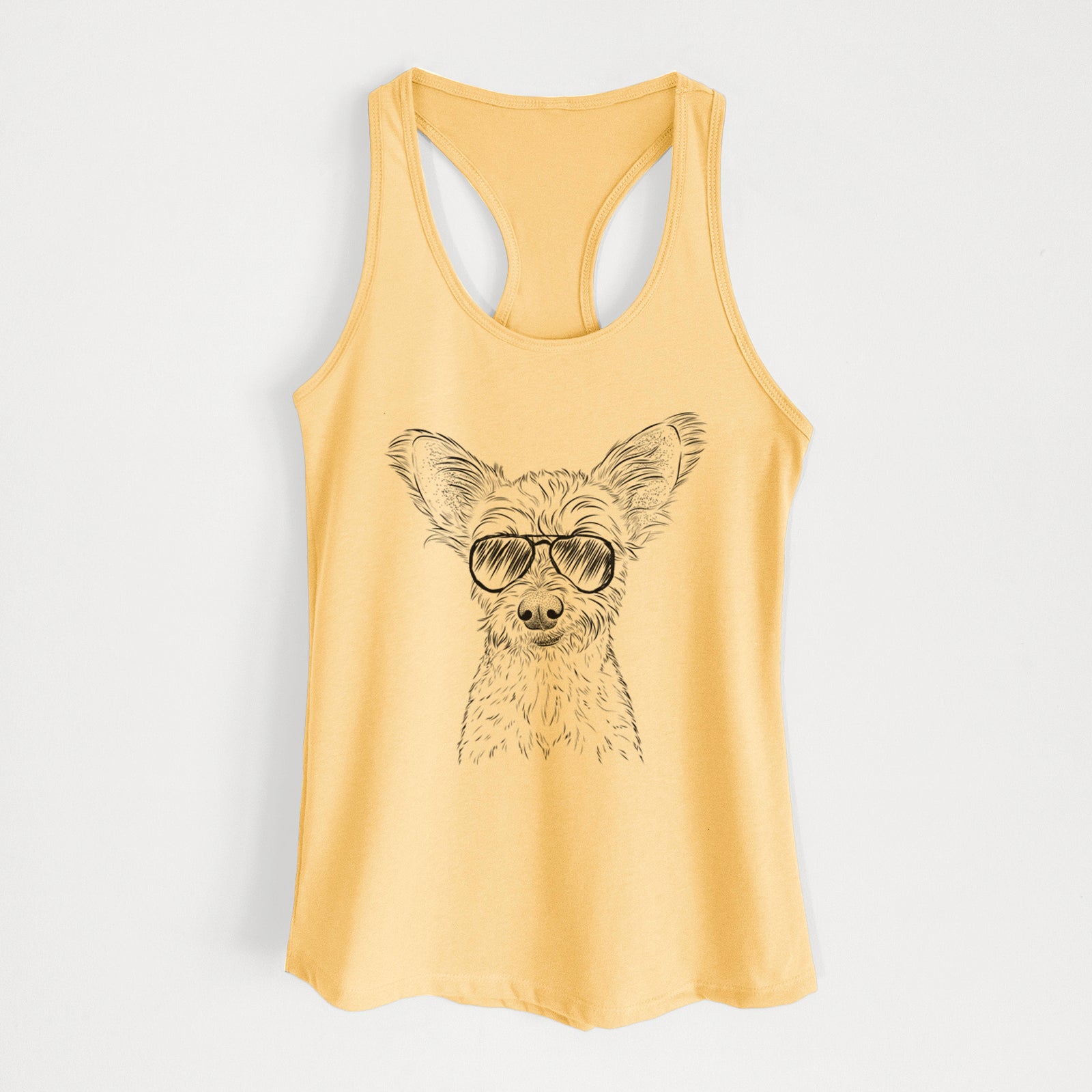 Hand-drawn sketch of Heidi the Schnauzer Mix wearing aviator sunglasses on a Banana Cream Women's racerback tanktop