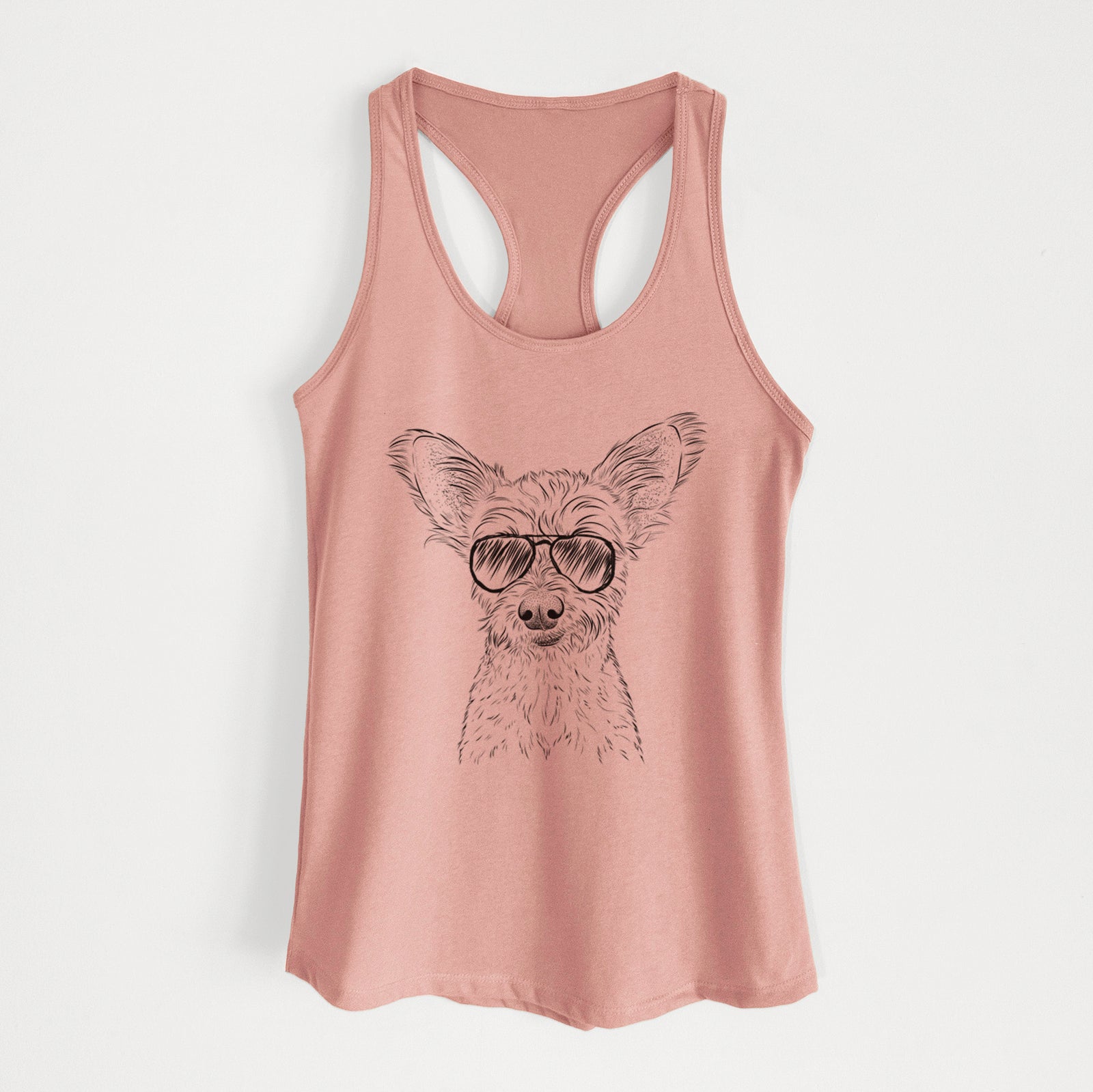 Hand-drawn sketch of Heidi the Schnauzer Mix wearing aviator sunglasses on a Desert Pink Women's racerback tanktop