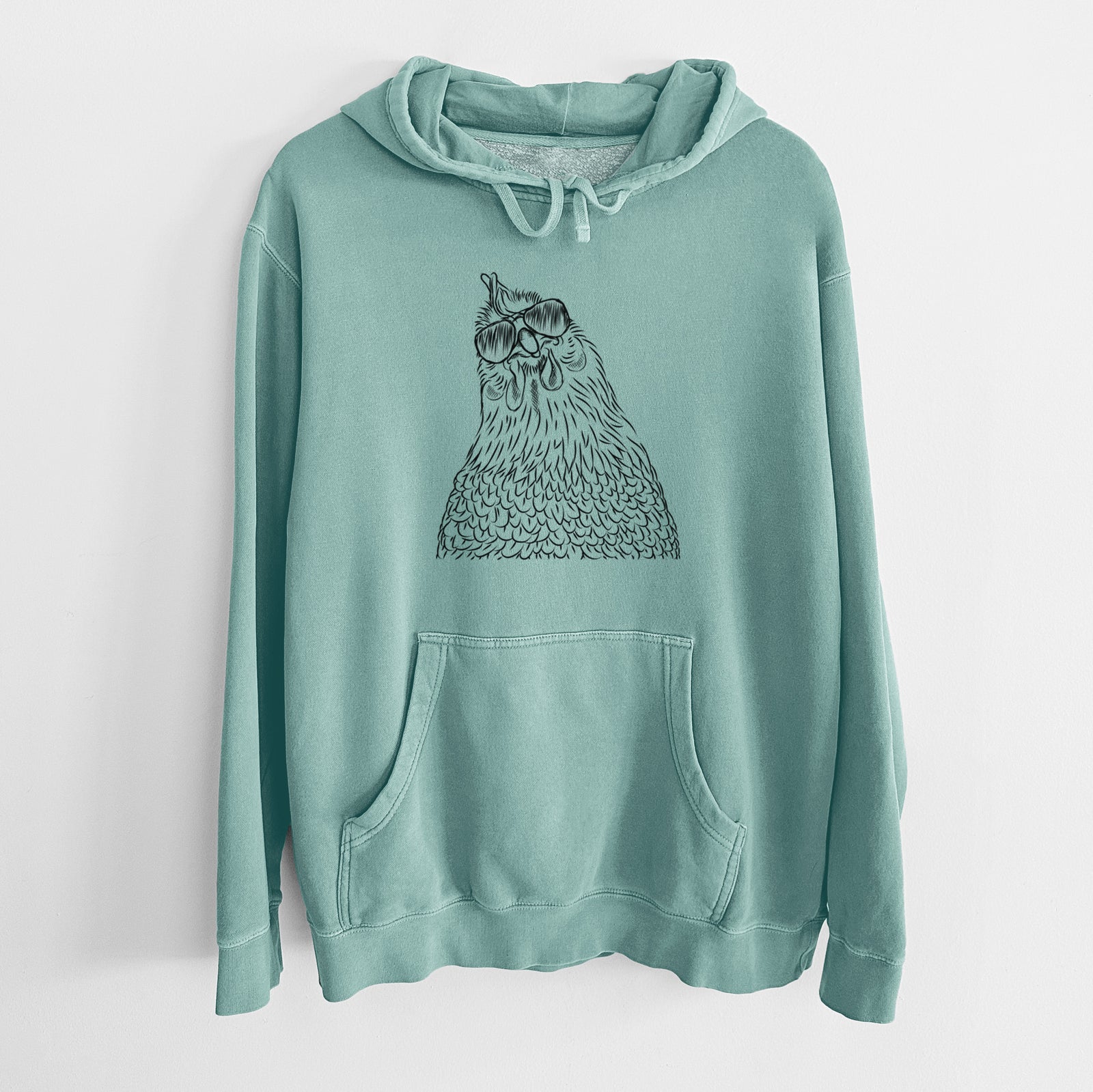 Hand-drawn sketch of Henrietta the Chicken wearing aviator sunglasses on a Mint Unisex pigment dyed hoodie