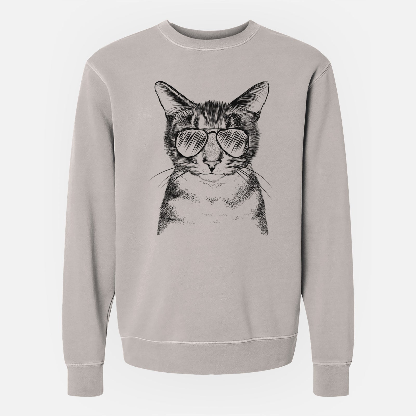 Hand-drawn sketch of Hobbes the Tabby Cat wearing aviator sunglasses on a Cement Unisex pigment dyed crew sweatshirt