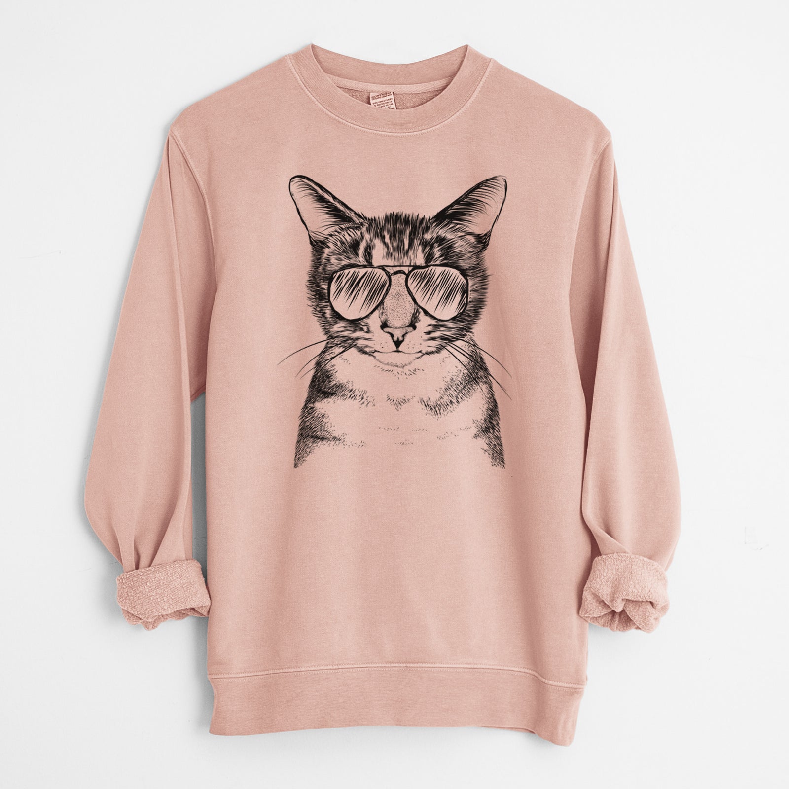 Hand-drawn sketch of Hobbes the Tabby Cat wearing aviator sunglasses on a Dusty Pink Unisex pigment dyed crew sweatshirt