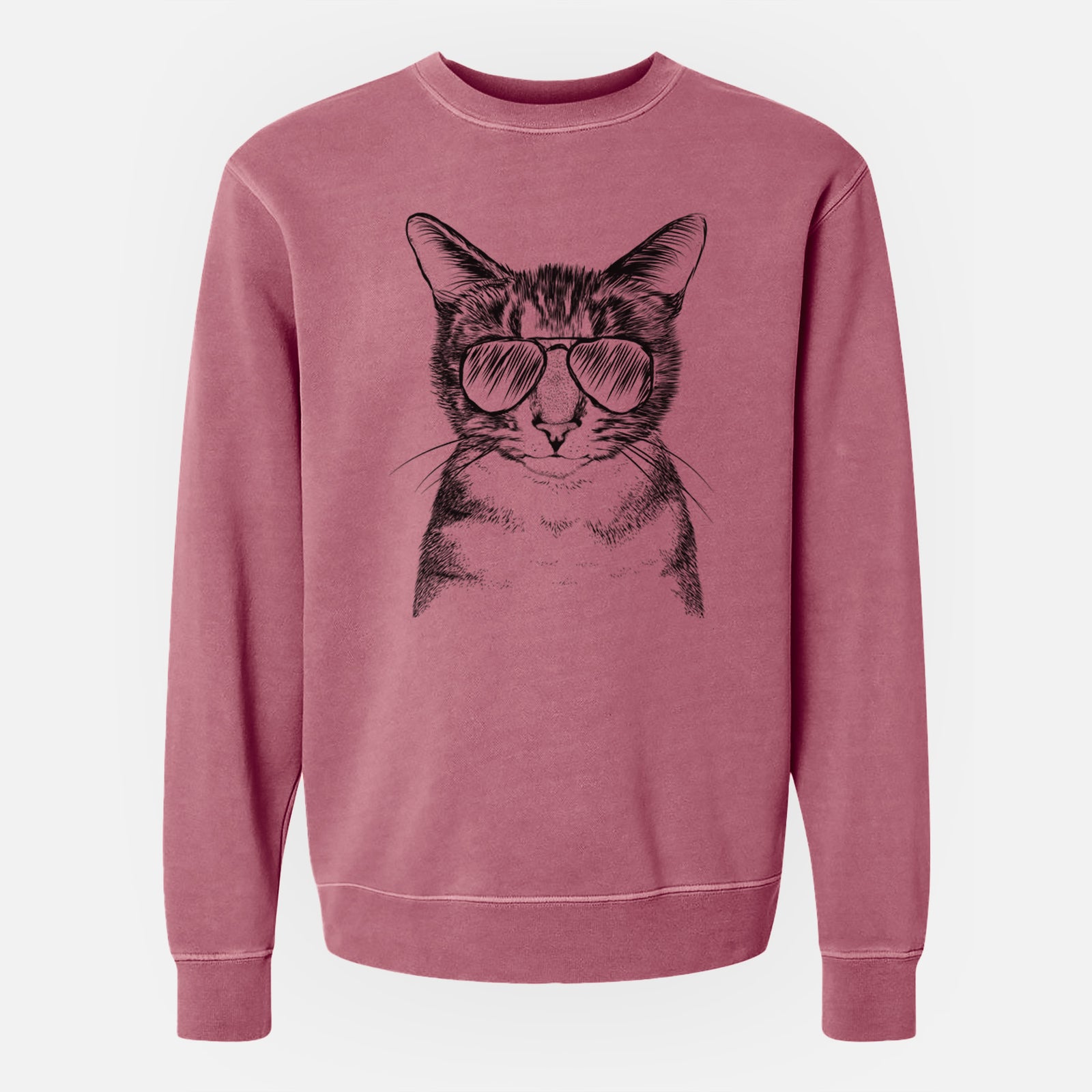 Hand-drawn sketch of Hobbes the Tabby Cat wearing aviator sunglasses on a Maroon Unisex pigment dyed crew sweatshirt