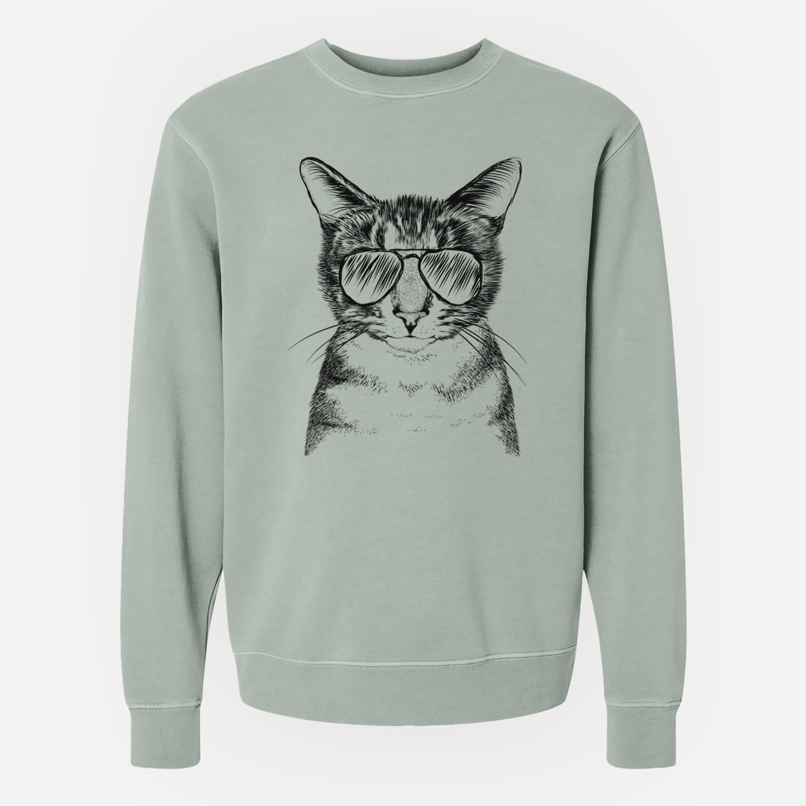 Hand-drawn sketch of Hobbes the Tabby Cat wearing aviator sunglasses on a Sage Unisex pigment dyed crew sweatshirt