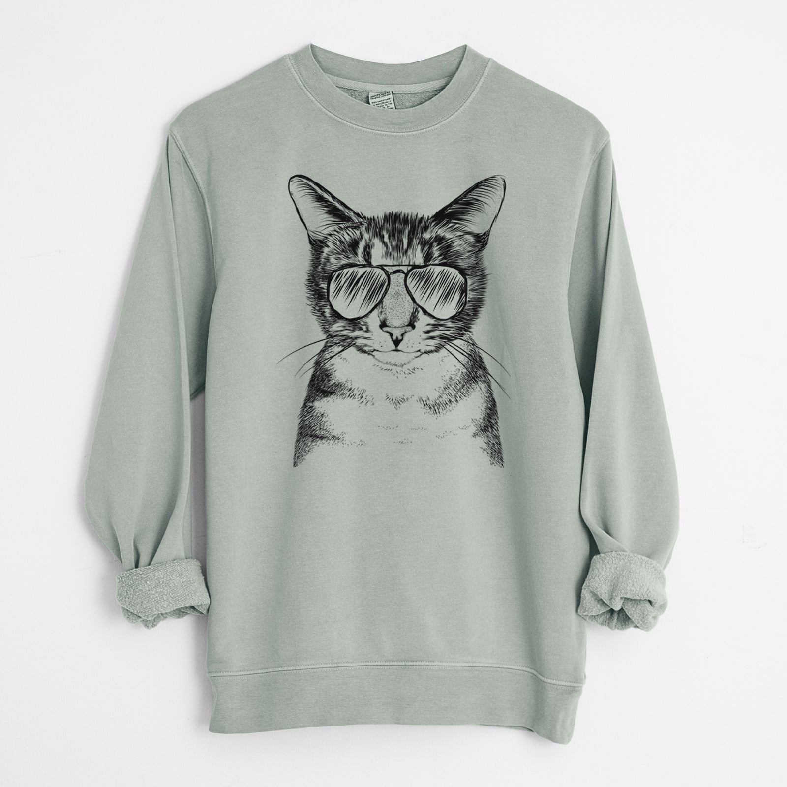 Hand-drawn sketch of Hobbes the Tabby Cat wearing aviator sunglasses on a Sage Unisex pigment dyed crew sweatshirt