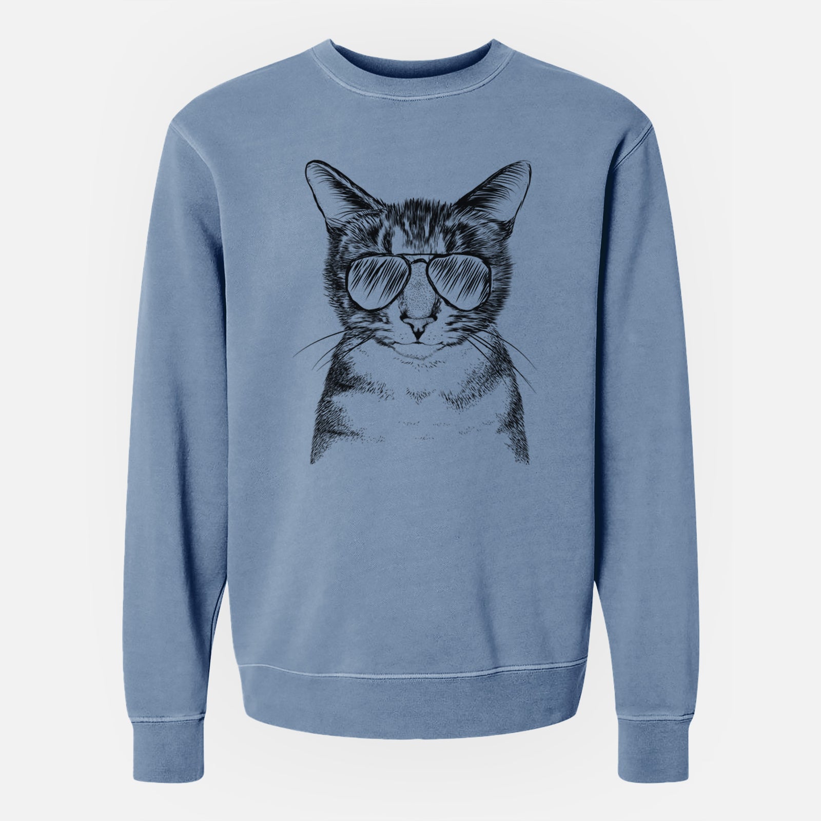 Hand-drawn sketch of Hobbes the Tabby Cat wearing aviator sunglasses on a Slate Blue Unisex pigment dyed crew sweatshirt