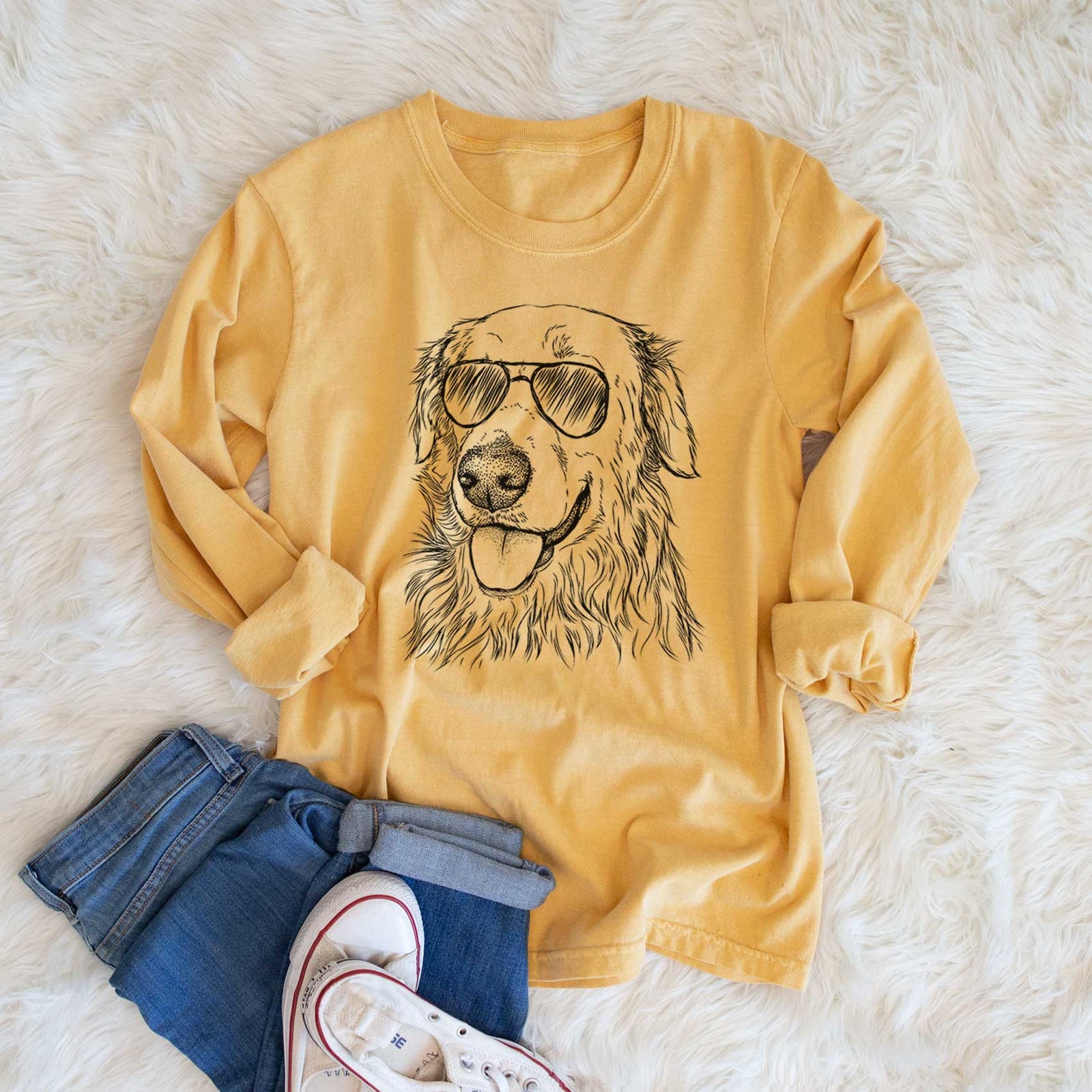 Aviator Hopper the Golden Retriever - Men's Heavyweight 100% Cotton Long Sleeve