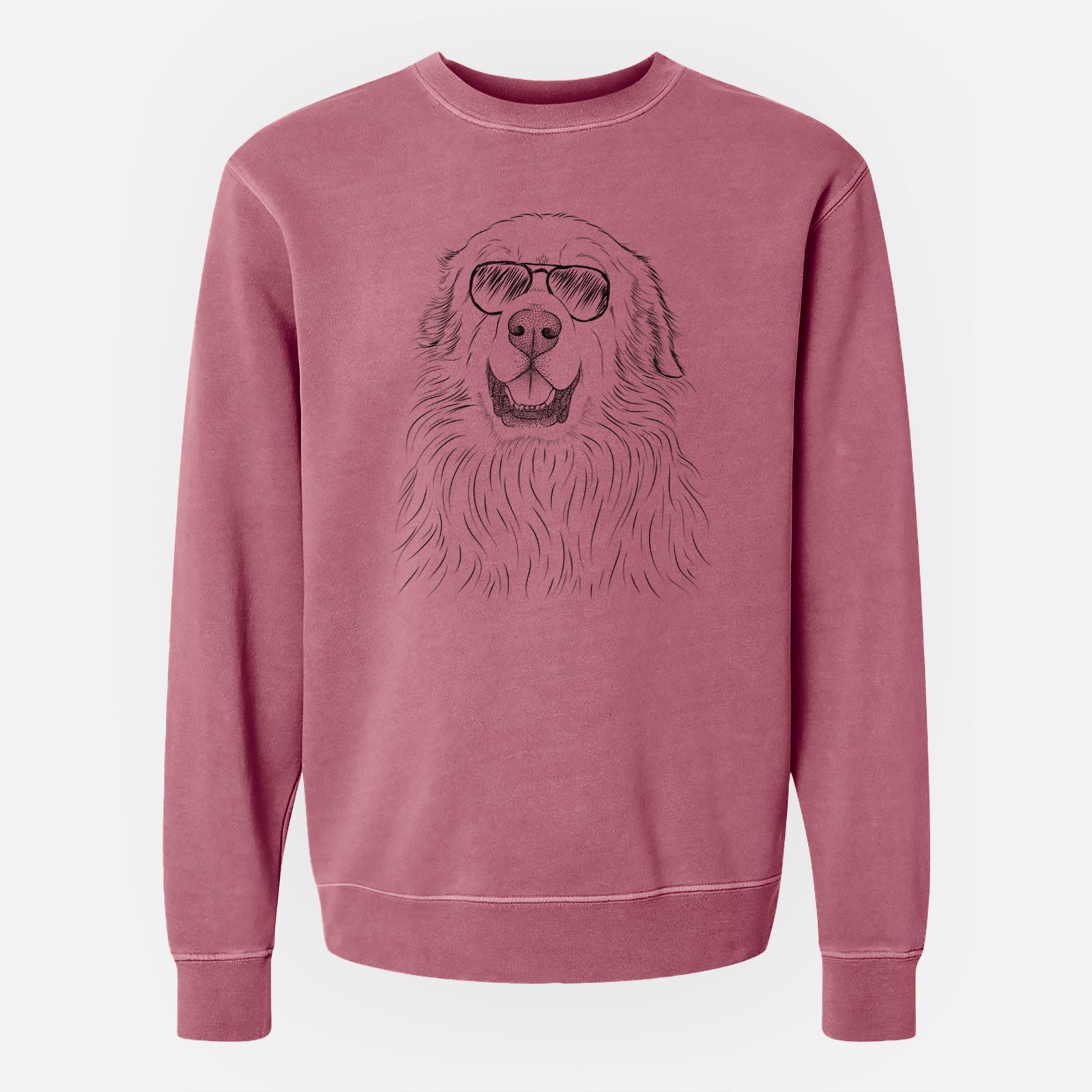 Hand-drawn sketch of Horton the Great Pyrenees wearing aviator sunglasses on a Maroon Unisex pigment dyed crew sweatshirt