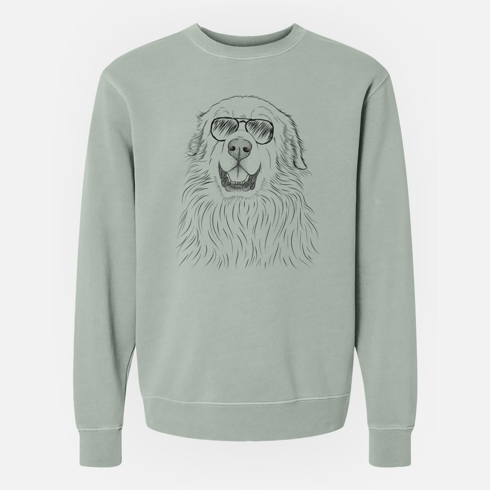 Hand-drawn sketch of Horton the Great Pyrenees wearing aviator sunglasses on a Sage Unisex pigment dyed crew sweatshirt