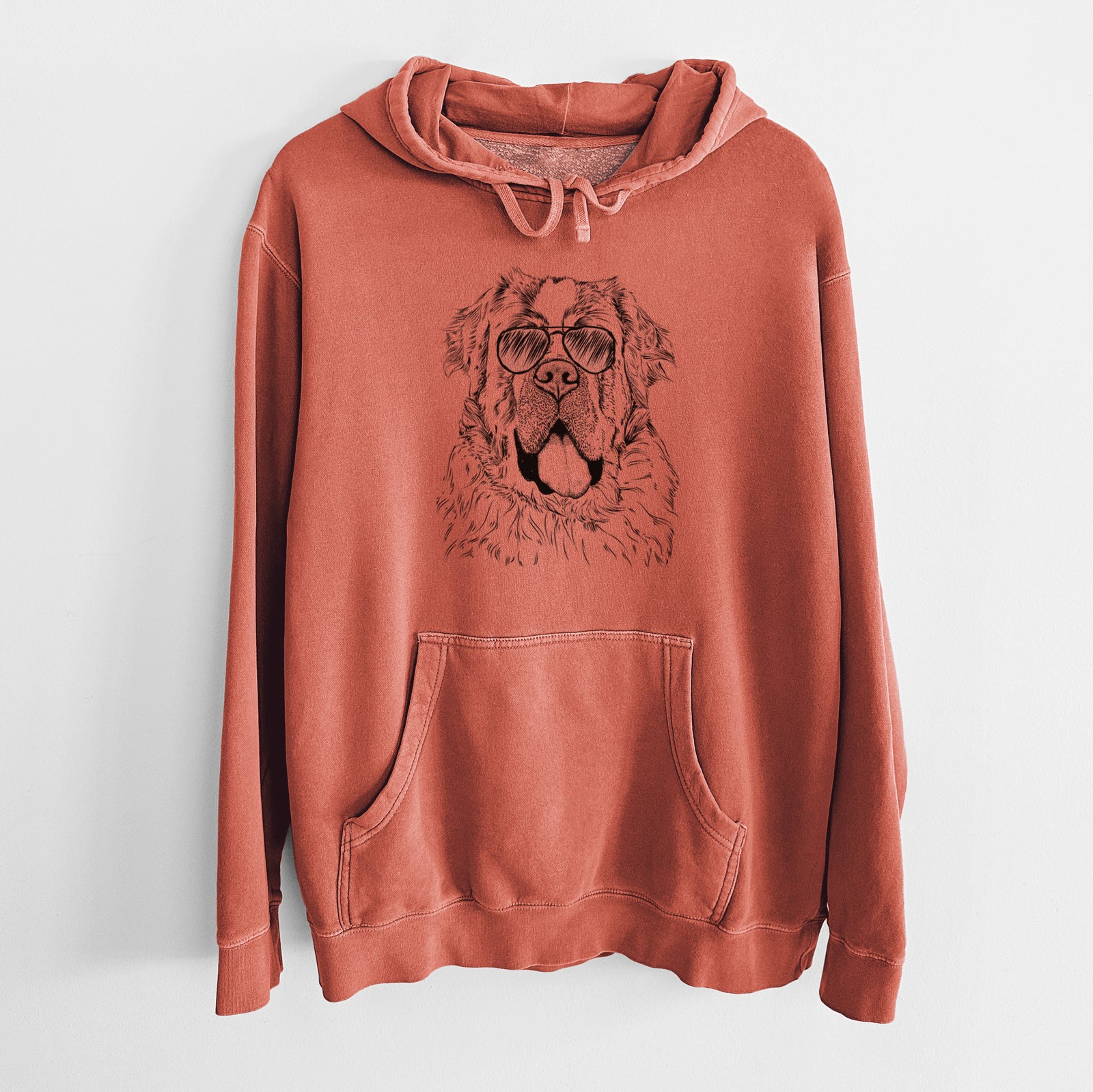 Hand-drawn sketch of Hoss the Saint Bernard wearing aviator sunglasses on an Amber Unisex pigment dyed hoodie