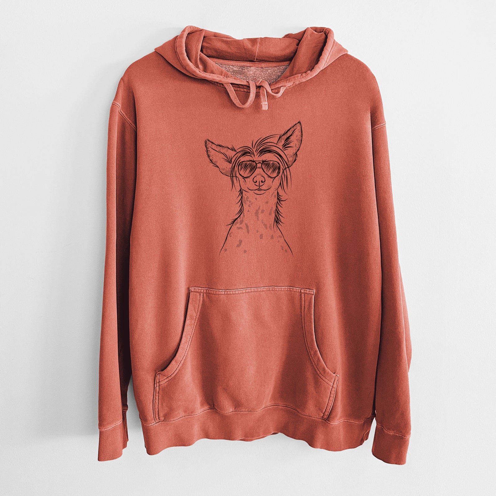 Hand-drawn sketch of Hudson the Chinese Crested wearing aviator sunglasses on an Amber Unisex pigment dyed hoodie