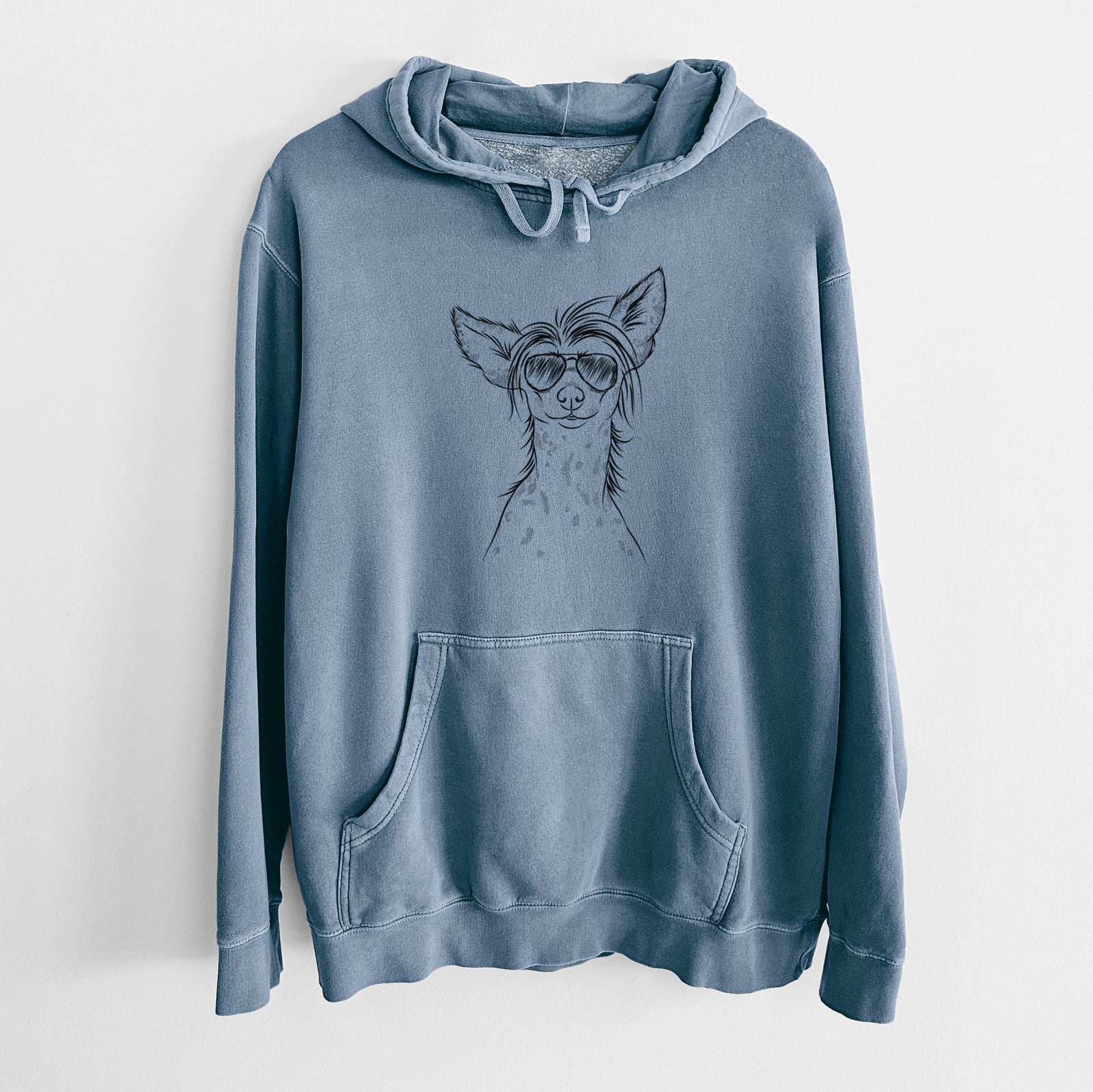 Hand-drawn sketch of Hudson the Chinese Crested wearing aviator sunglasses on a Slate Blue Unisex pigment dyed hoodie
