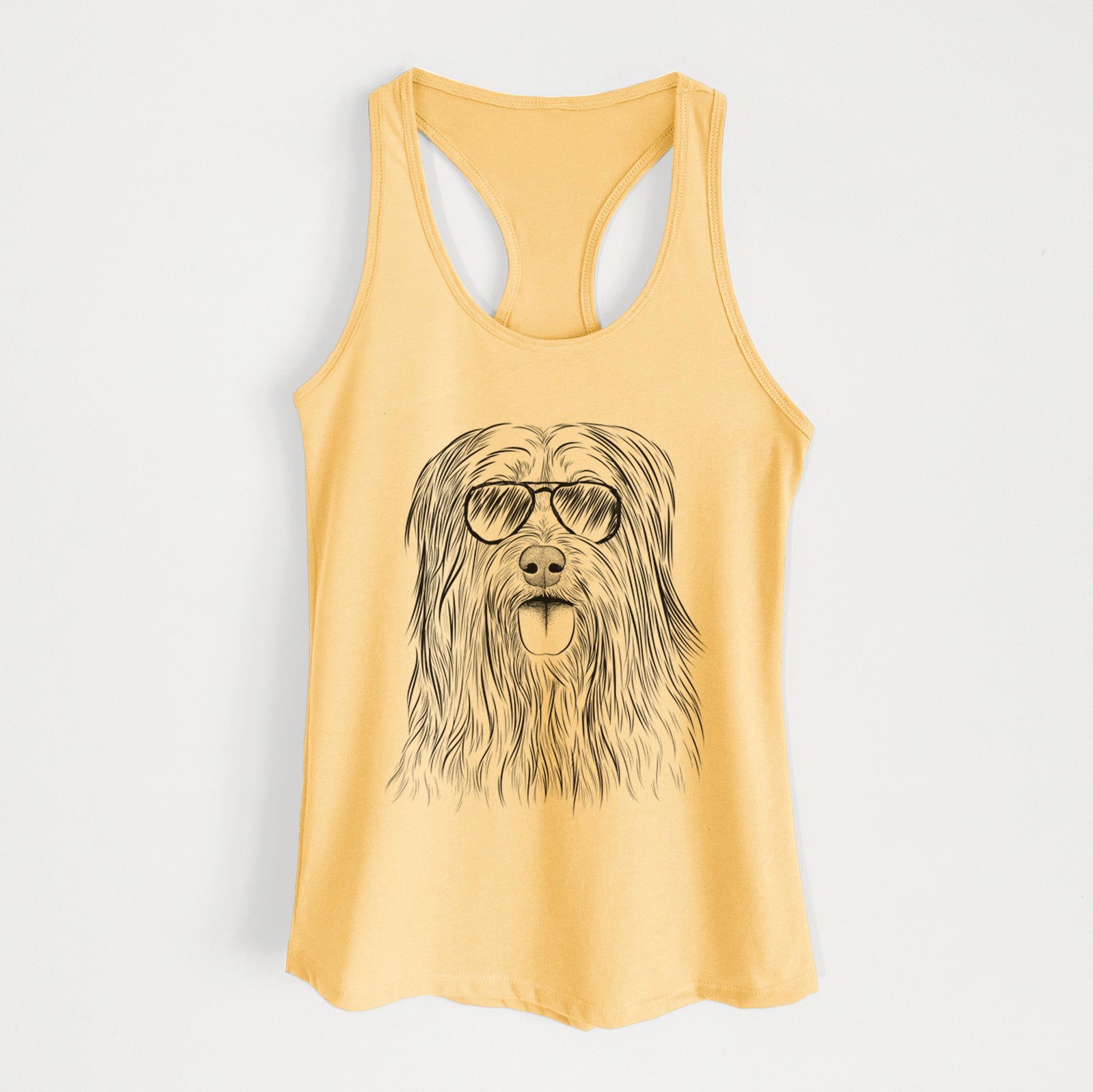 Hand-drawn sketch of Indy the Korean Sapsali wearing aviator sunglasses on a Banana Cream Women's racerback tanktop