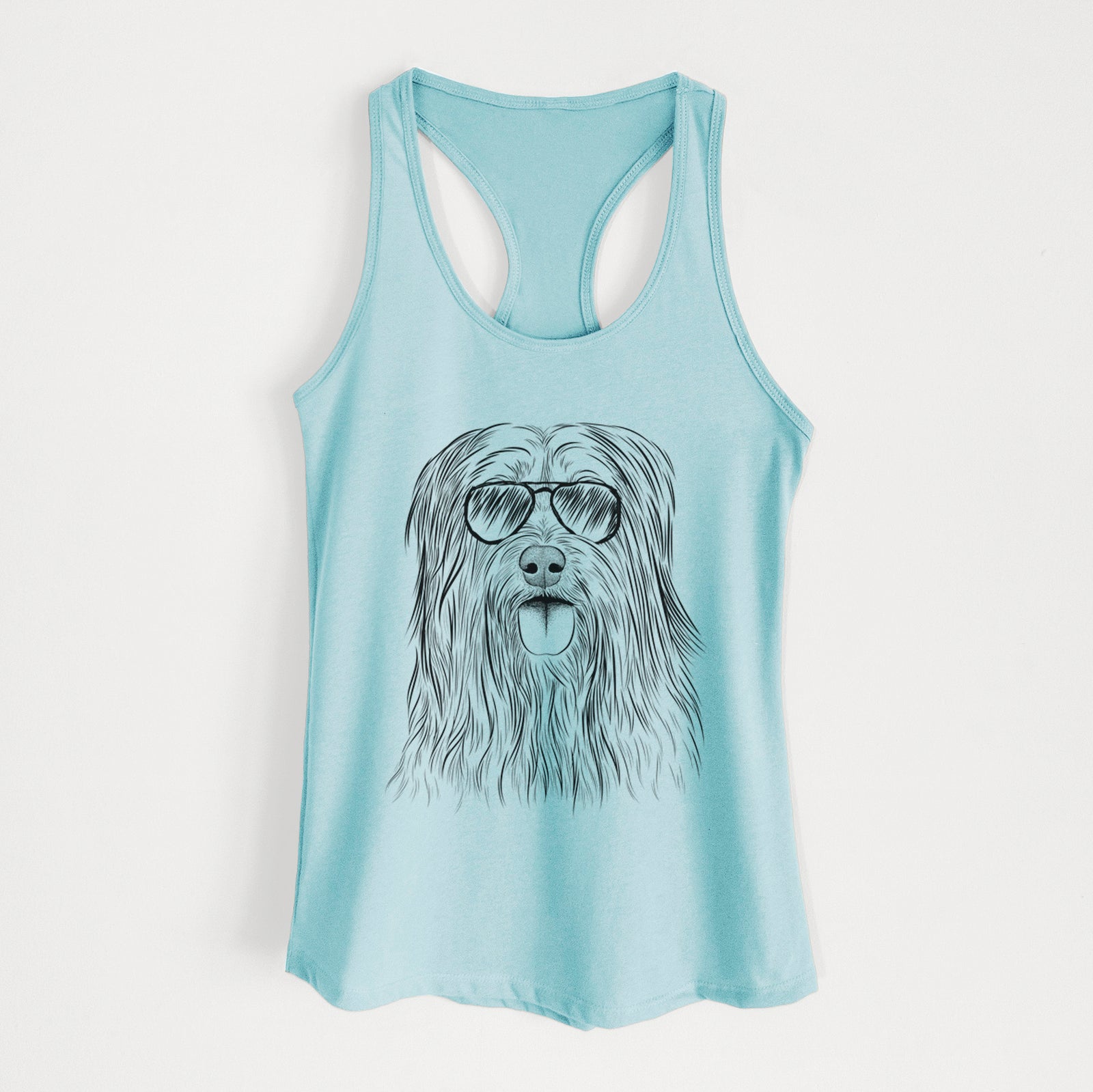 Hand-drawn sketch of Indy the Korean Sapsali wearing aviator sunglasses on a Cancun Blue Women's racerback tanktop