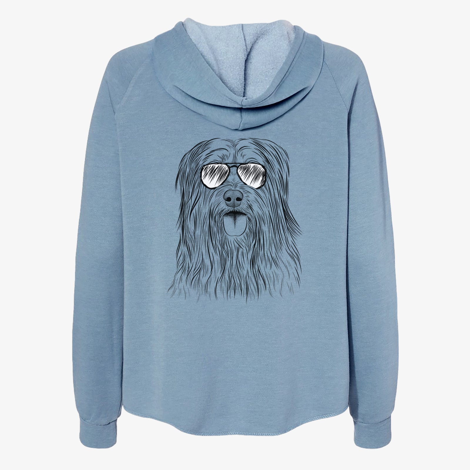 Hand-drawn sketch of Indy the Korean Sapsali wearing aviator sunglasses on a Misty Blue Women's cali wave zip-up sweatshirt