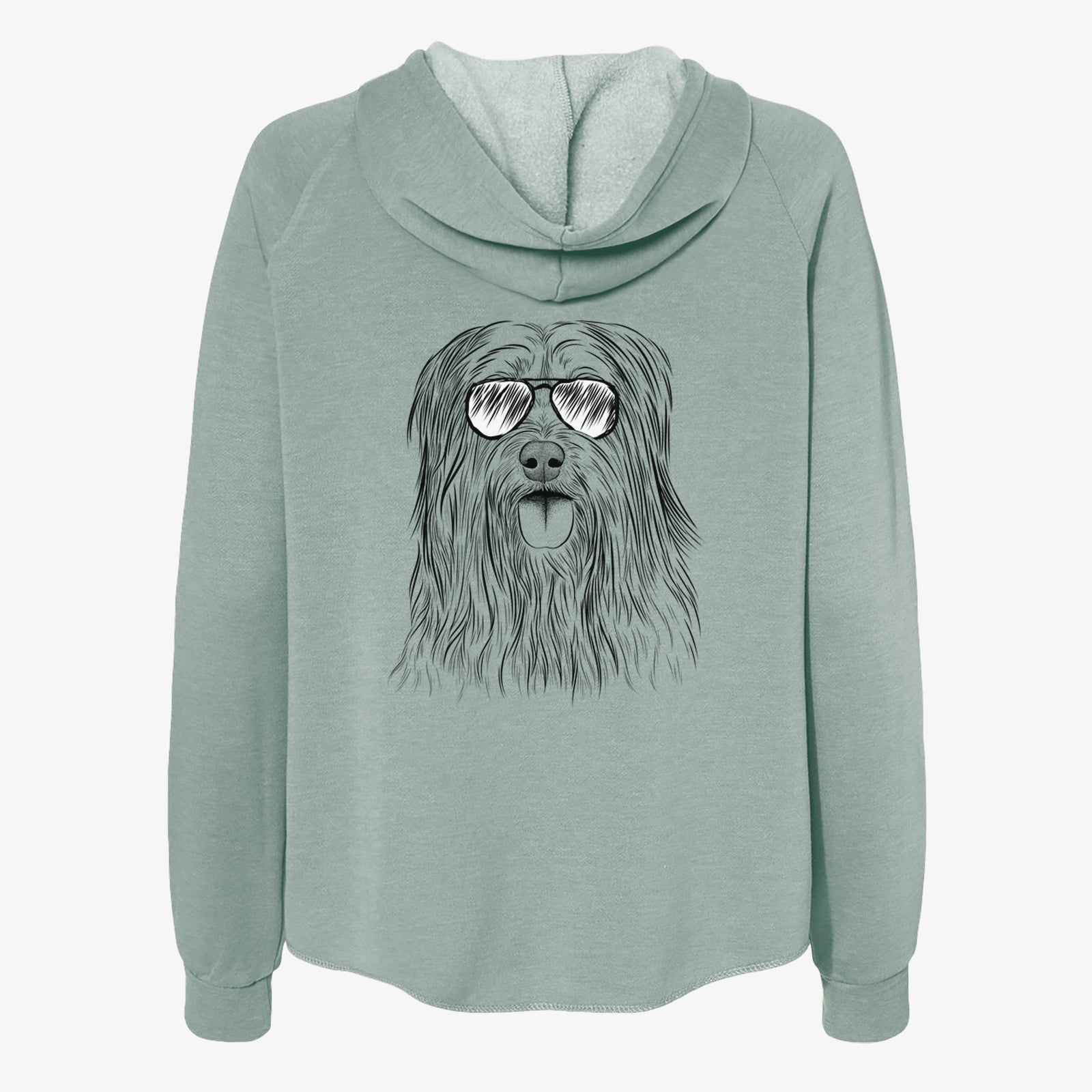 Hand-drawn sketch of Indy the Korean Sapsali wearing aviator sunglasses on a Sage Women's cali wave zip-up sweatshirt