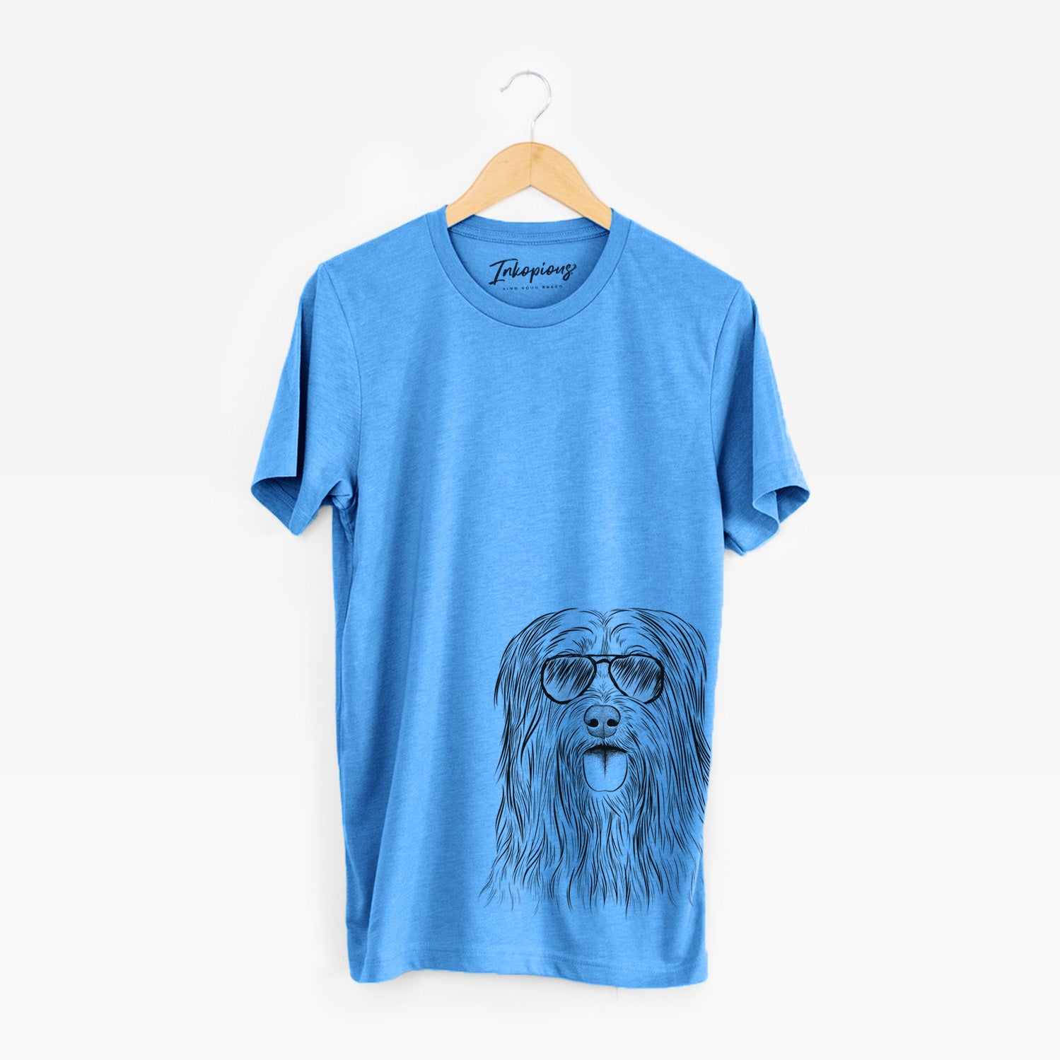 Hand-drawn sketch of Indy the Korean Sapsali wearing aviator sunglasses on a Blue Unisex crewneck
