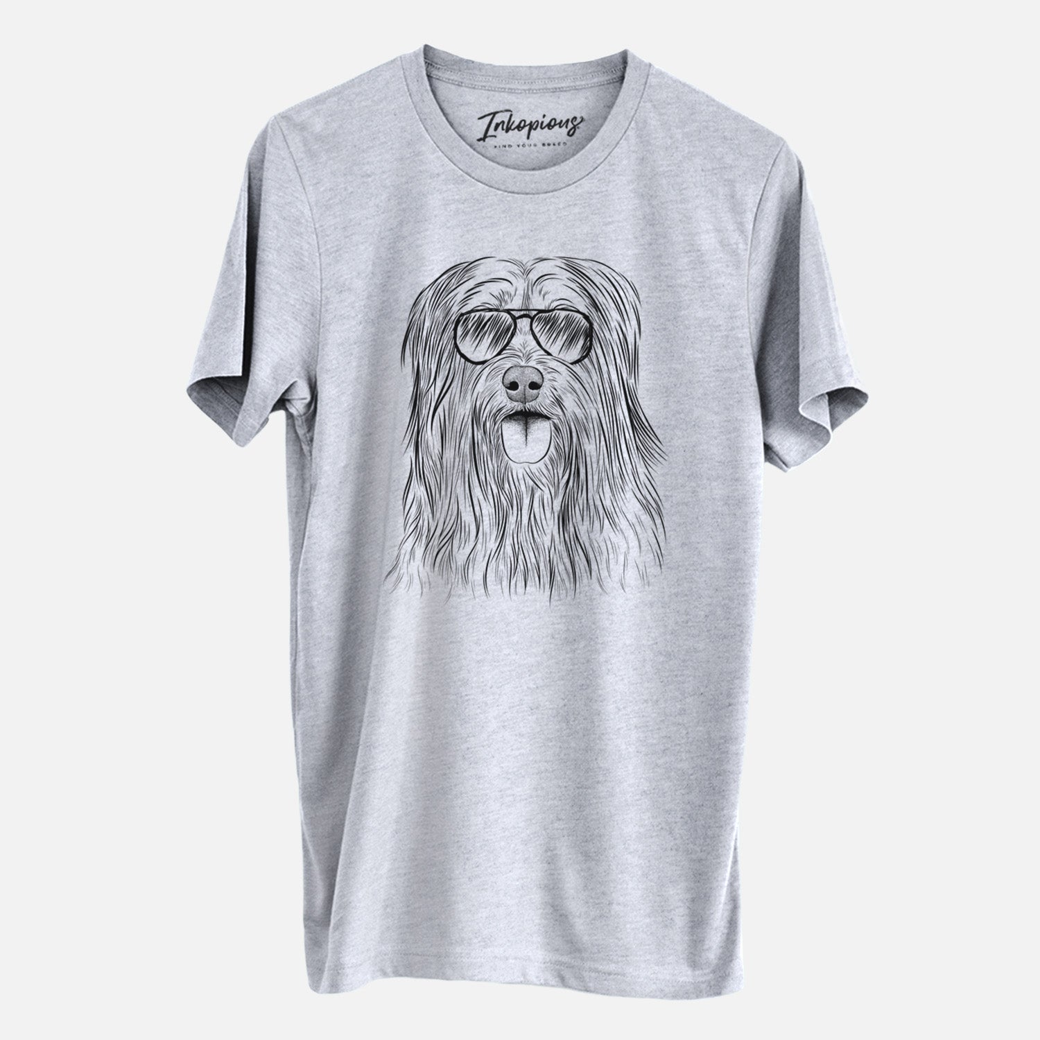 Hand-drawn sketch of Indy the Korean Sapsali wearing aviator sunglasses on a Grey Unisex crewneck