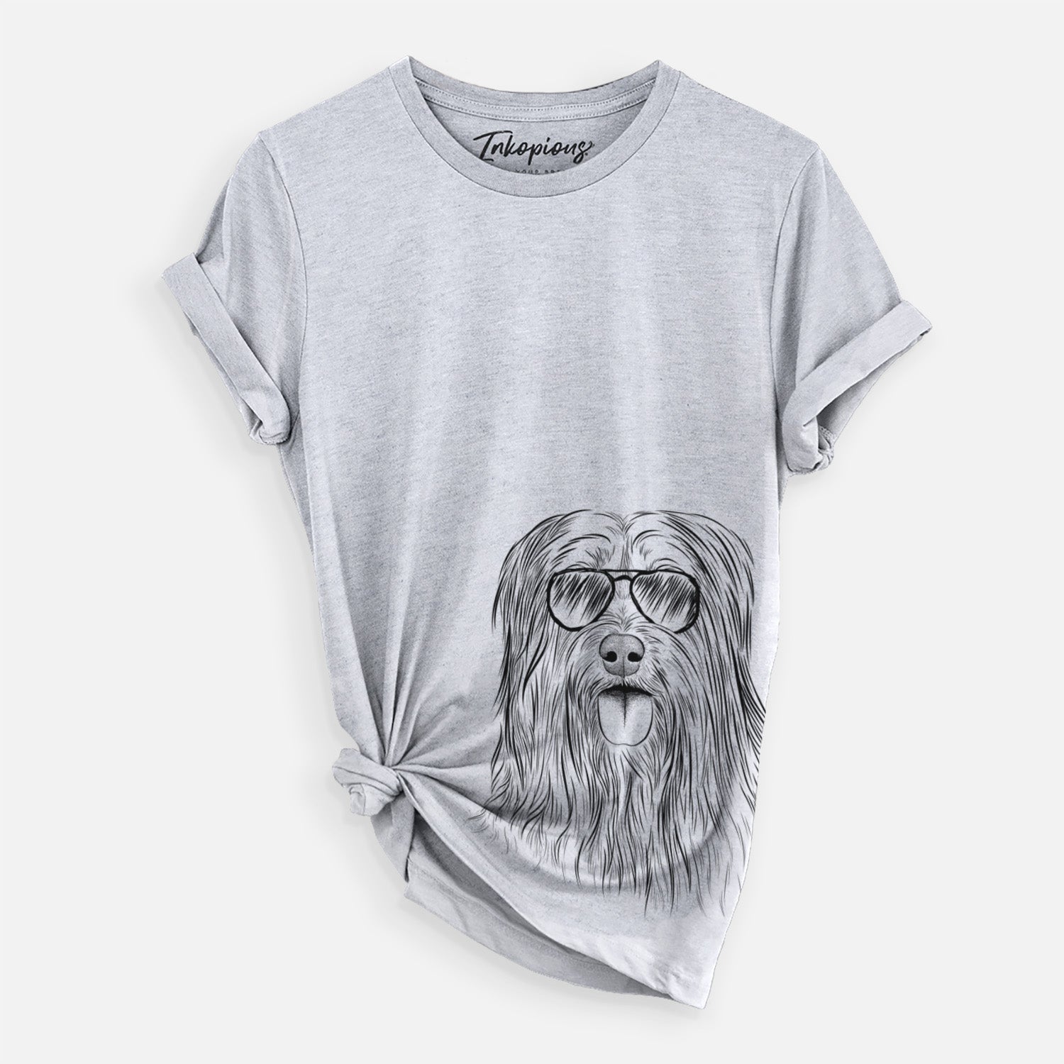 Hand-drawn sketch of Indy the Korean Sapsali wearing aviator sunglasses on a Grey Unisex crewneck