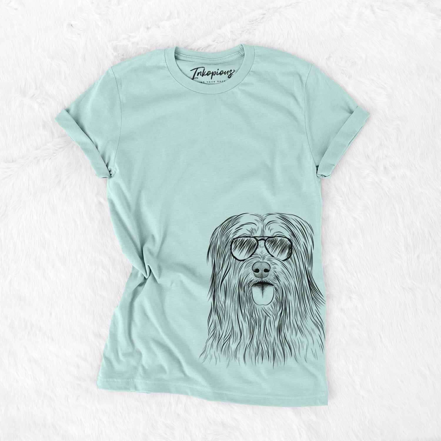 Hand-drawn sketch of Indy the Korean Sapsali wearing aviator sunglasses on a Heather Sage Unisex crewneck