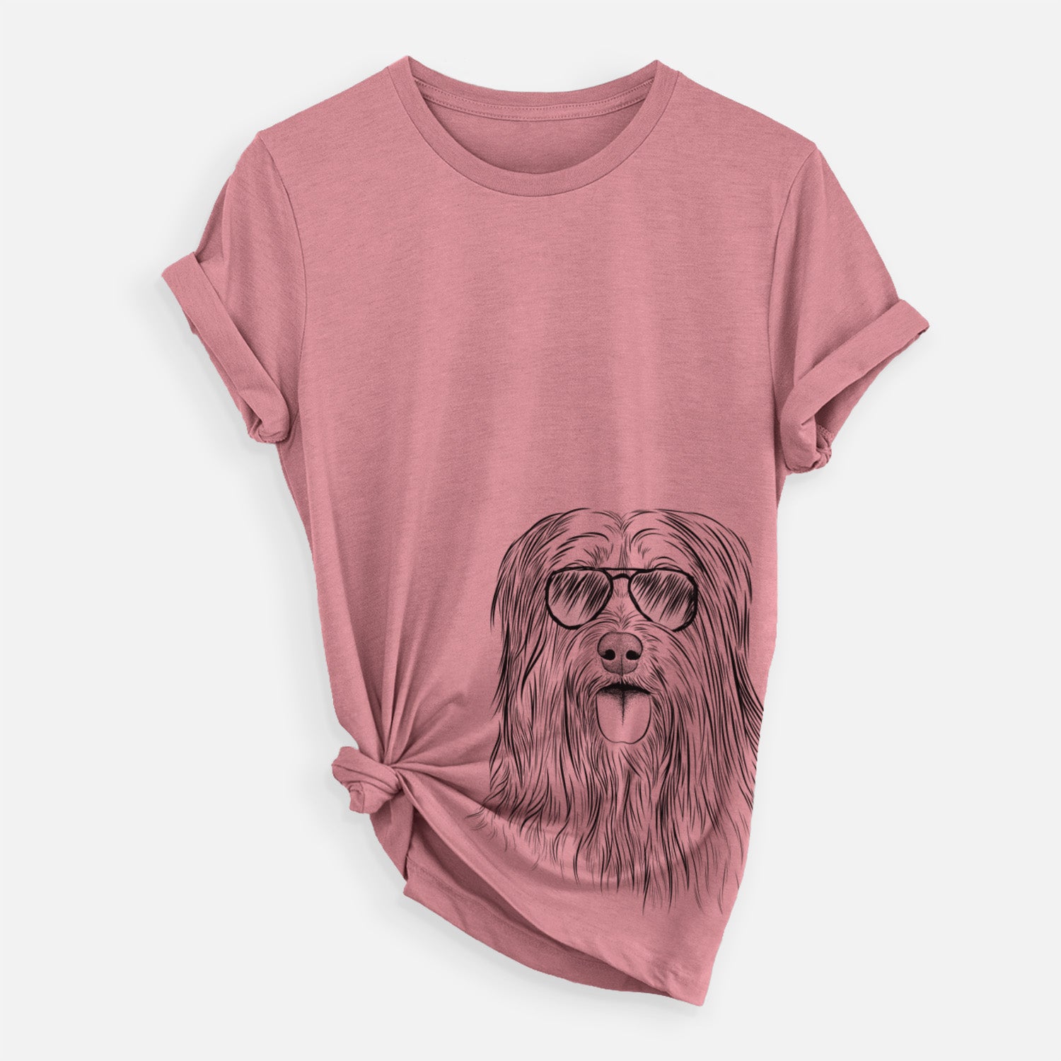 Hand-drawn sketch of Indy the Korean Sapsali wearing aviator sunglasses on a Mauve Unisex crewneck