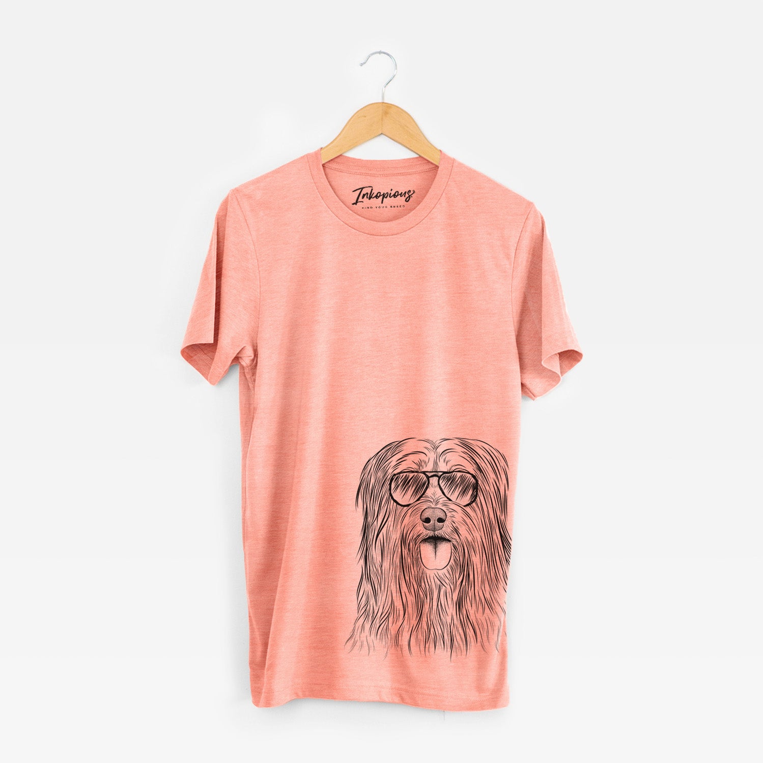 Hand-drawn sketch of Indy the Korean Sapsali wearing aviator sunglasses on a Sunset Unisex crewneck